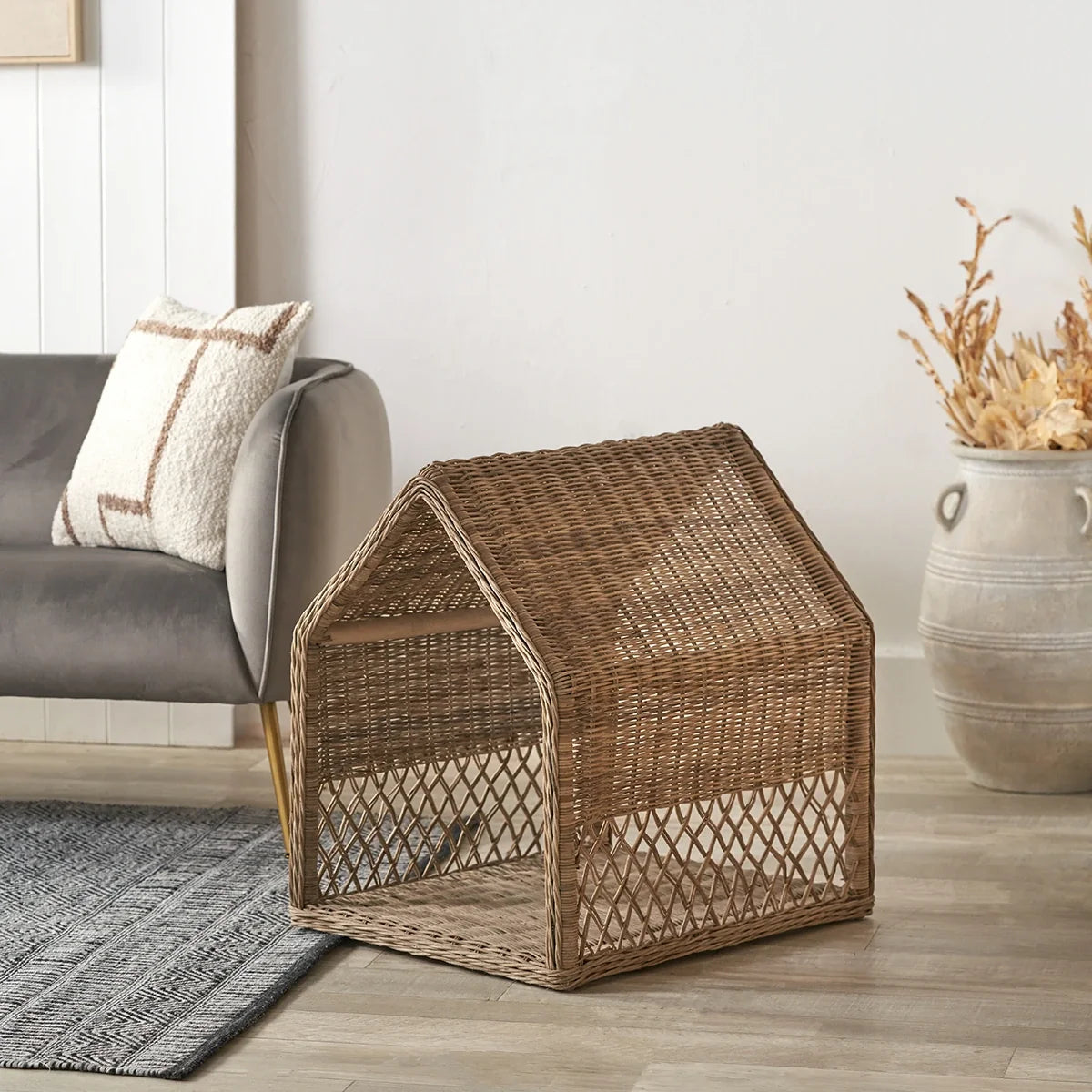 Rattan House Dog Basket - Grey — image 2