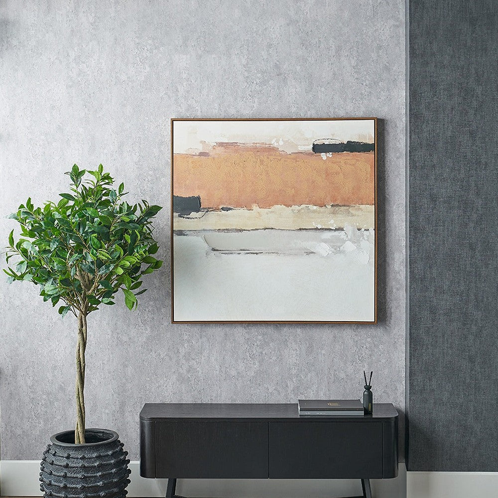 Abstract Square Canvas - White & Terracotta with Oak Effect Frame — image 2