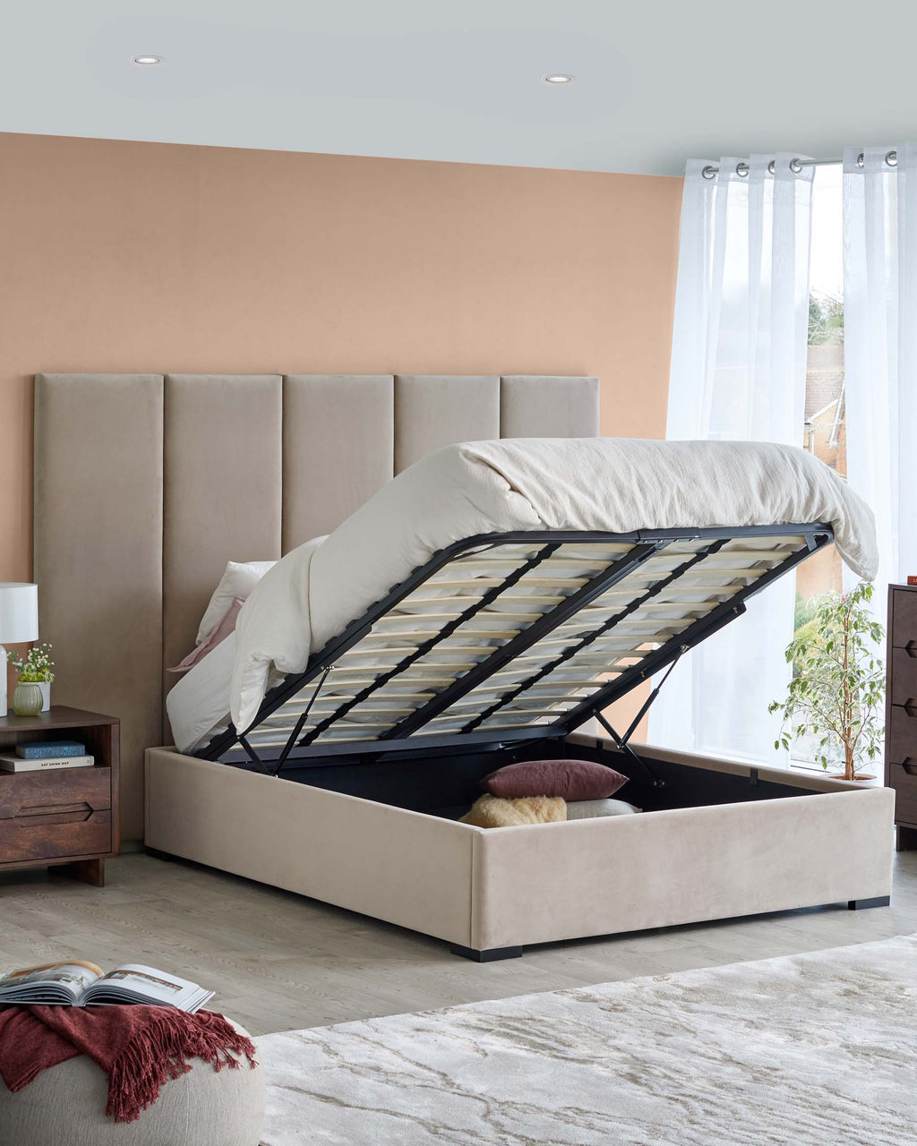 Penelope champagne velvet super king ottoman bed with 5 panel headboard — image 3