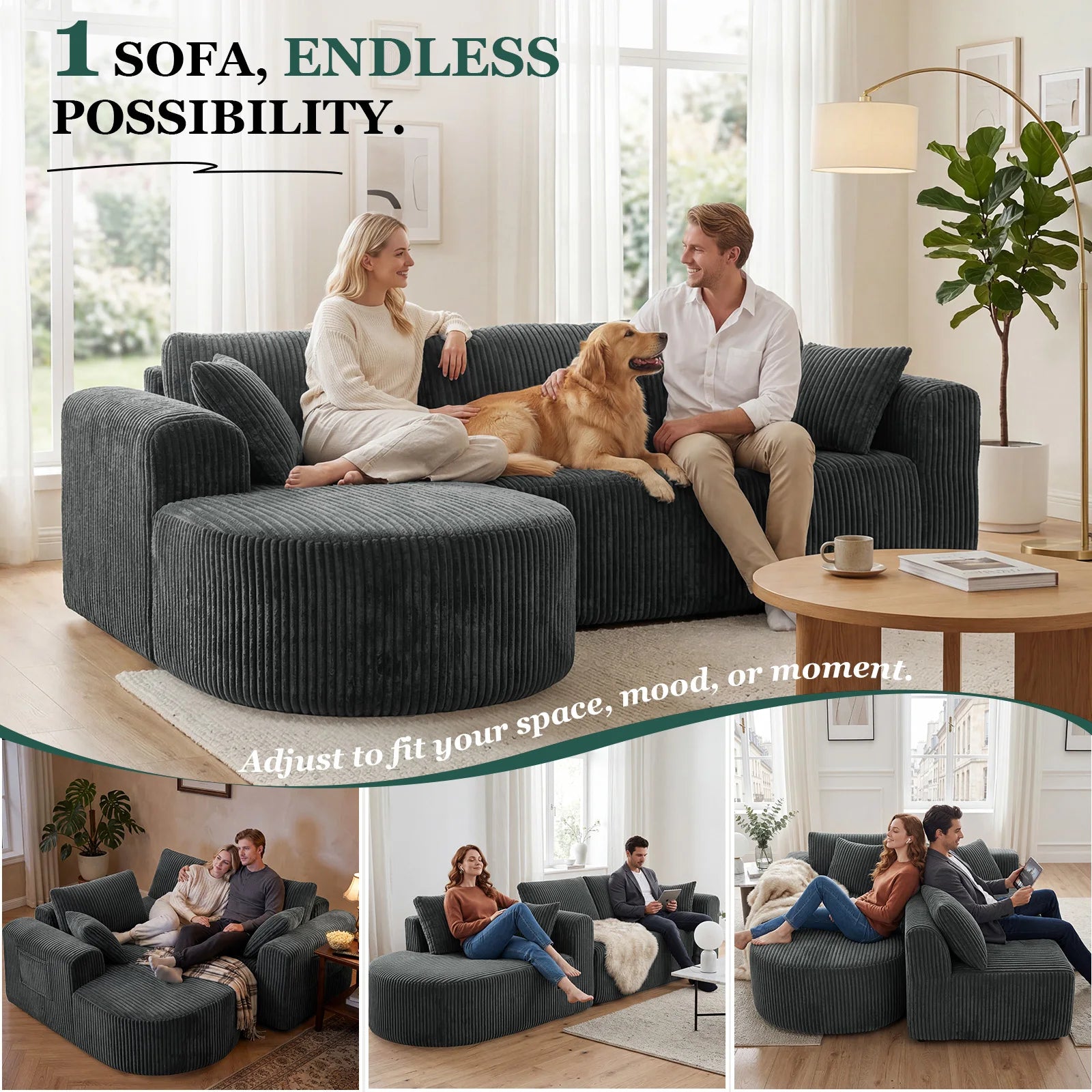 COMHOMA 243CM L-Shaped Boneless Corner Sofa, Sectional Modular Sofa With Memory Foam Seating & Wide Armrest Design, Cloud Couches For Living Room, Bedroom