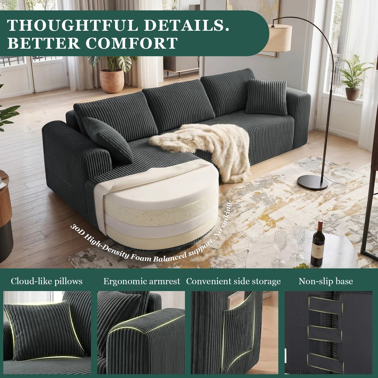 COMHOMA 243CM L-Shaped Boneless Corner Sofa, Sectional Modular Sofa With Memory Foam Seating & Wide Armrest Design, Cloud Couches For Living Room, Bedroom