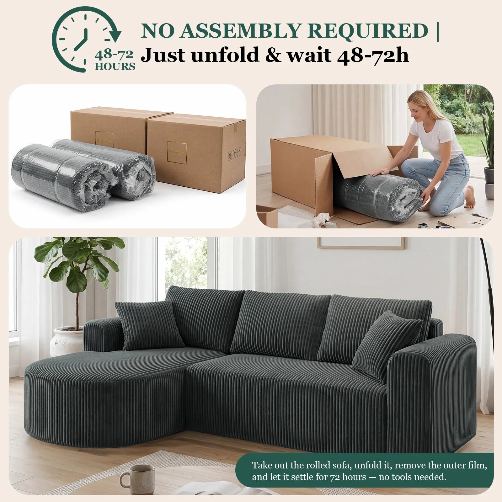 COMHOMA 243CM L-Shaped Boneless Corner Sofa, Sectional Modular Sofa With Memory Foam Seating & Wide Armrest Design, Cloud Couches For Living Room, Bedroom
