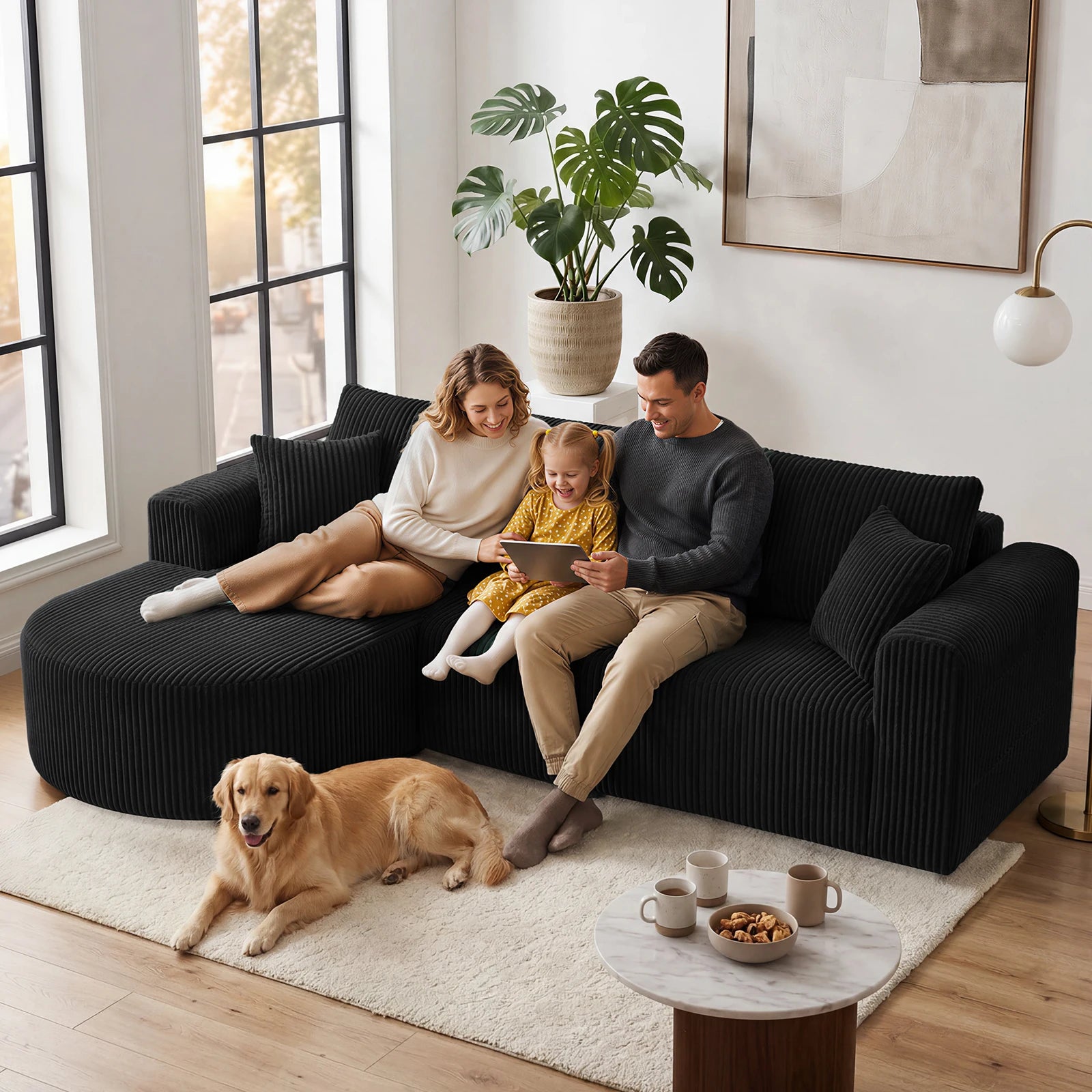 COMHOMA 243CM L-Shaped Boneless Corner Sofa, Sectional Modular Sofa With Memory Foam Seating & Wide Armrest Design, Cloud Couches For Living Room, Bedroom