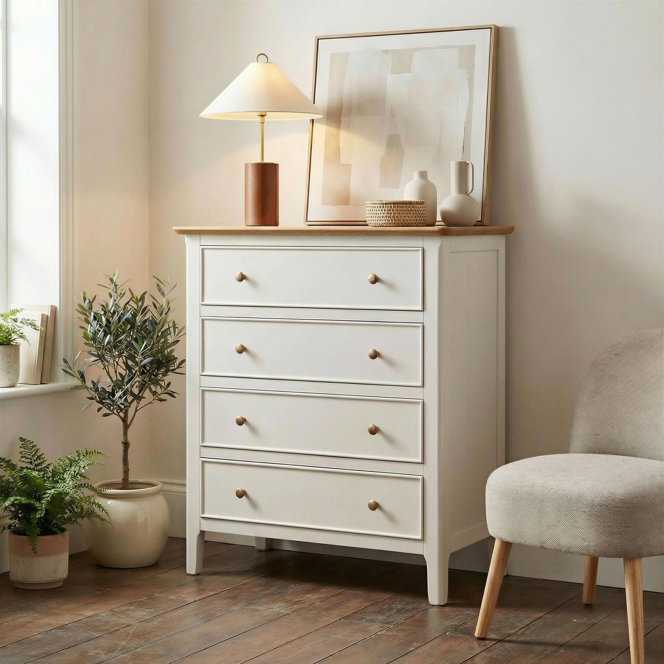 Belle 4 Drawer Solid Oak Wood and Cream Chest of Drawers — image 1