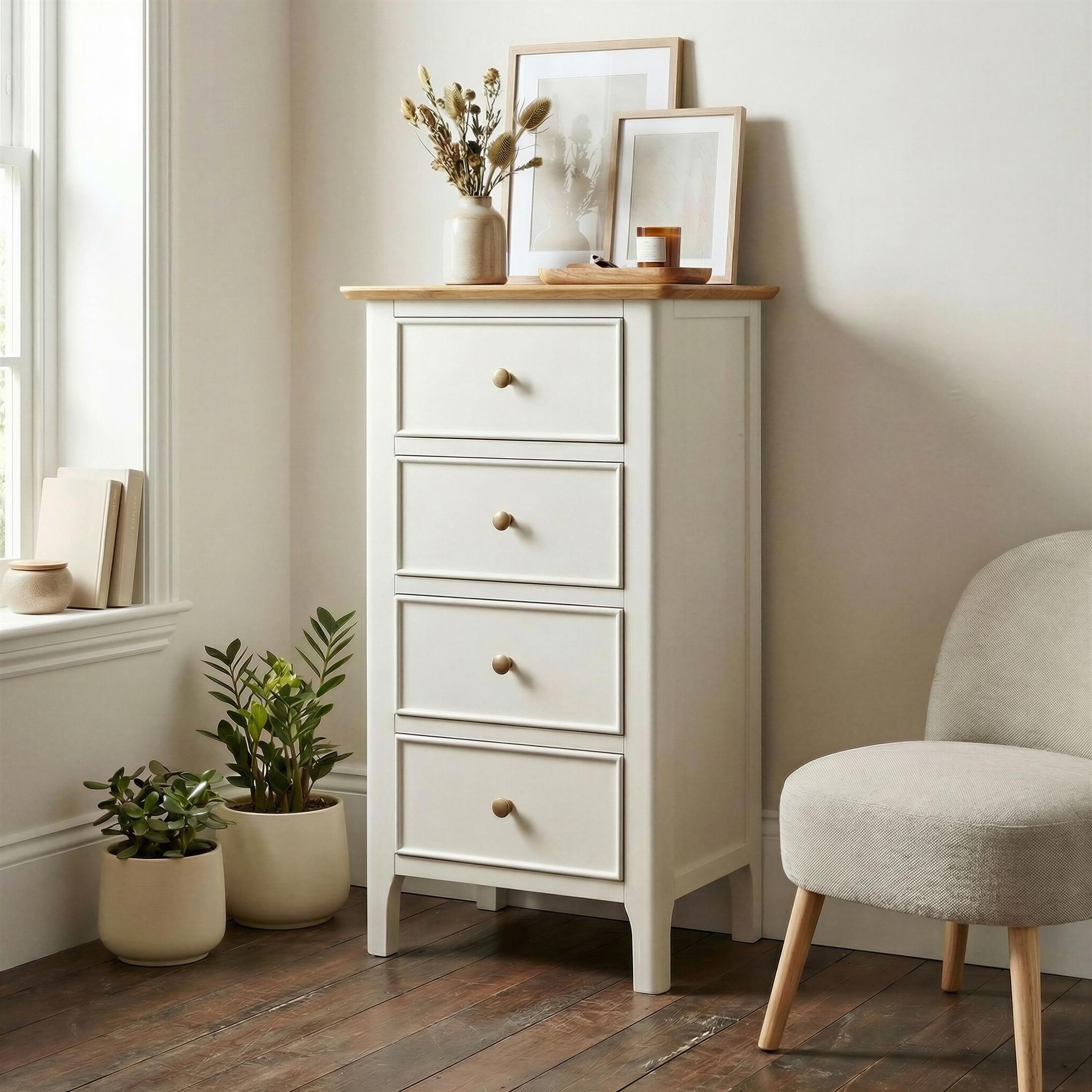 Belle 4 Drawer Tall Solid Oak and Cream Small Chest of Drawers — image 1
