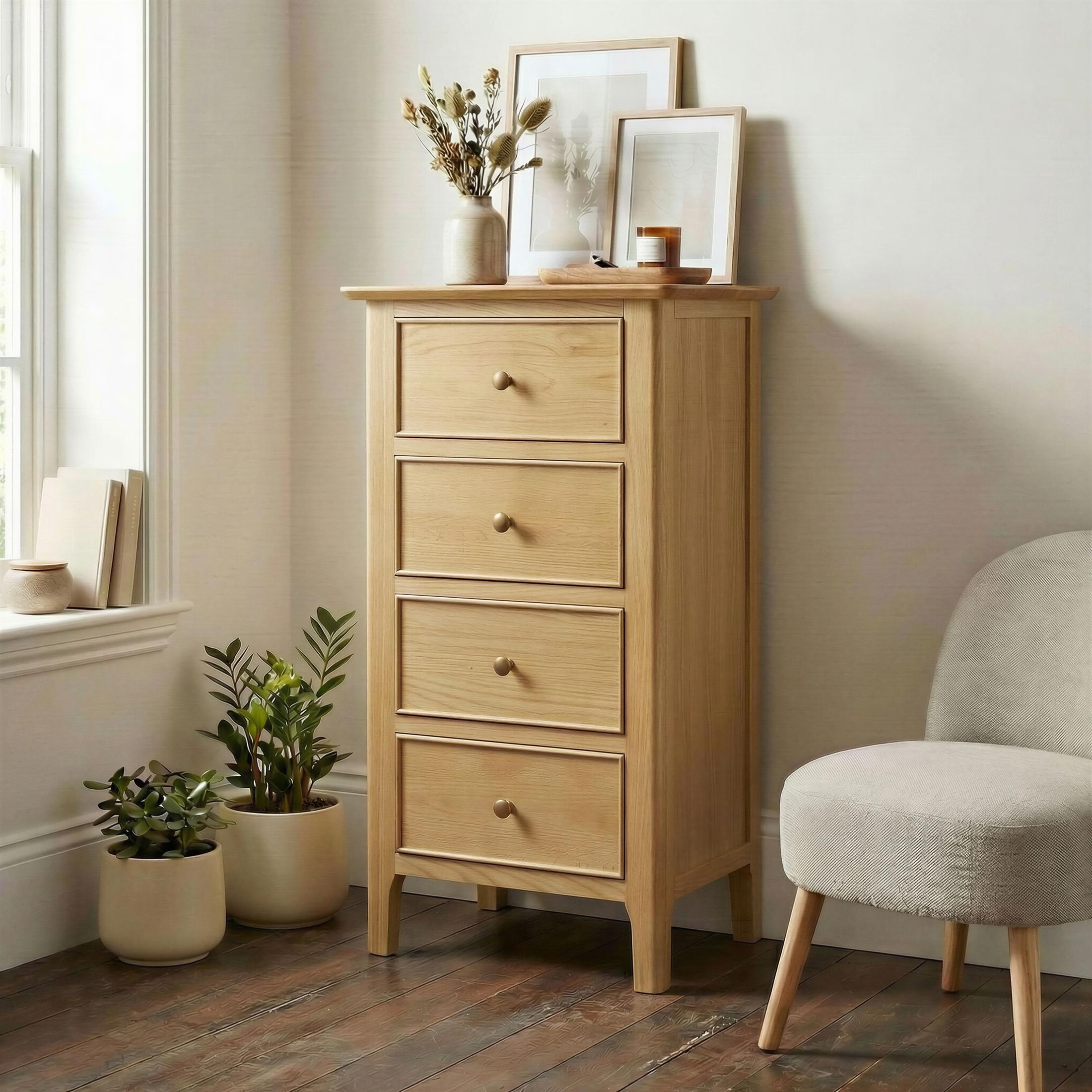Belle 4 Drawer Tall Solid Oak Slim Chest of Drawers — image 1