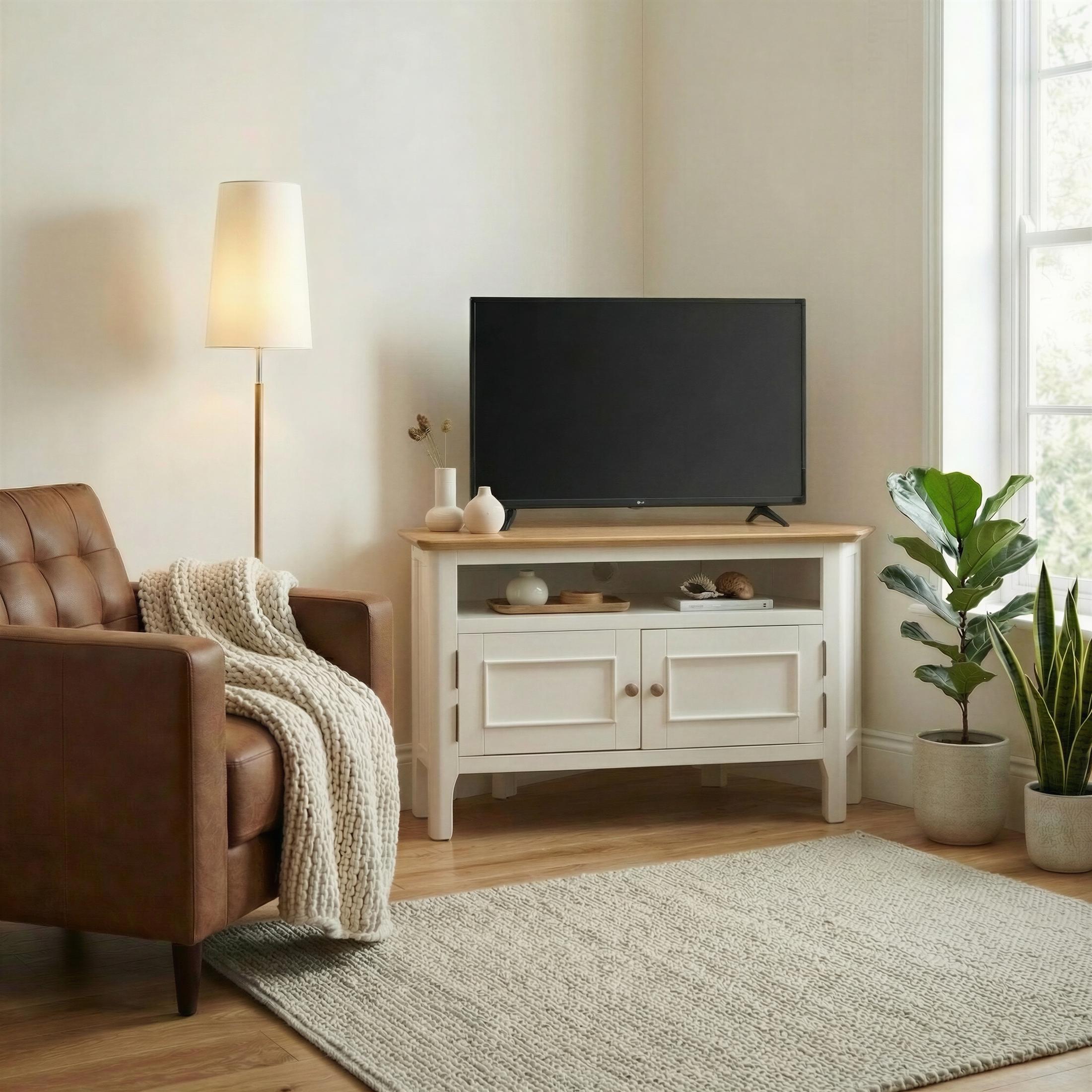 Belle Solid Oak Wood and Cream Corner TV Stand — image 8