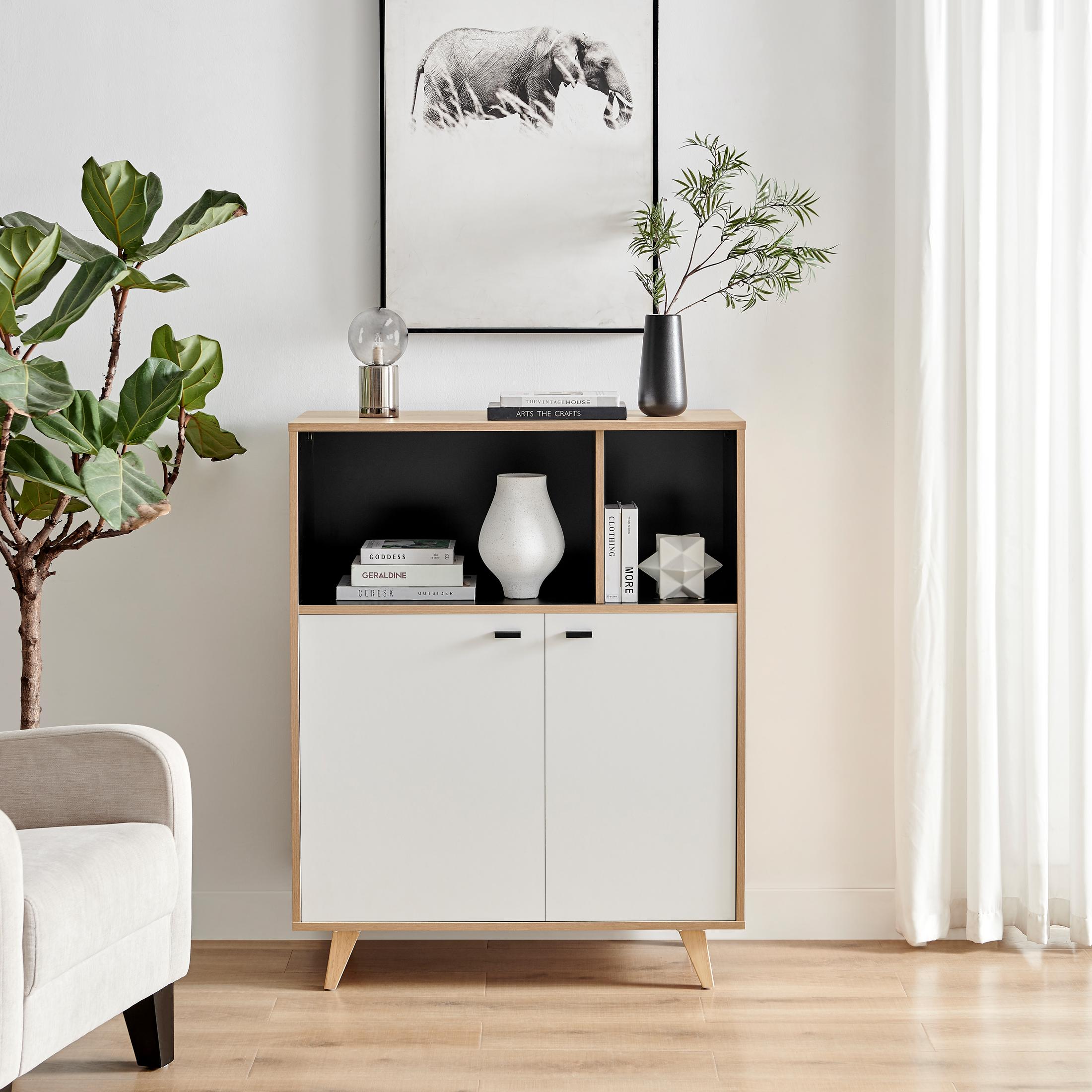 Bisset Off White and Wood Effect 2 Door Tall Storage Sideboard — image 2