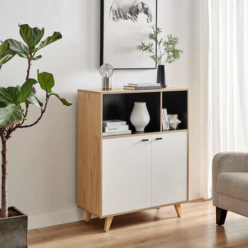 Bisset Off White and Wood Effect 2 Door Tall Storage Sideboard — image 1