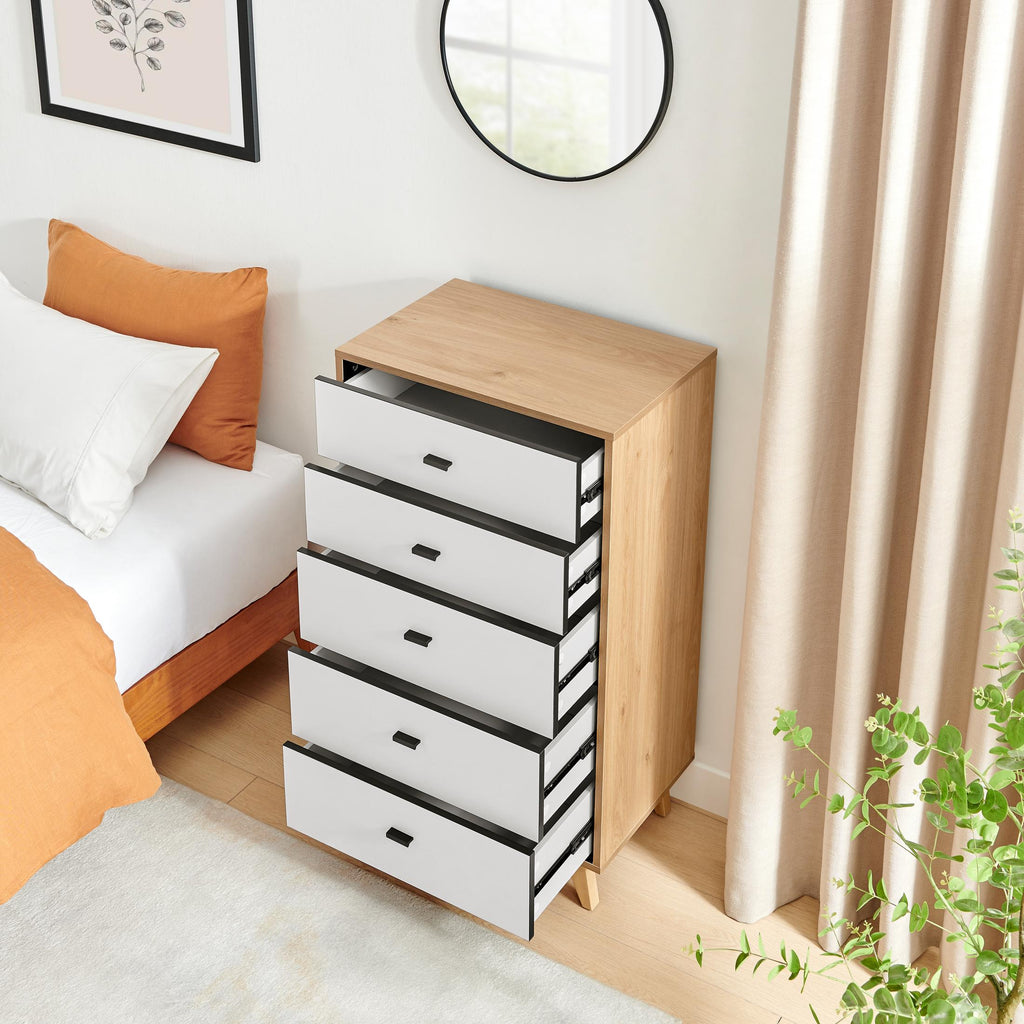 Bisset Off White and Wood Effect 5 Drawer Tall Chest of Drawers — image 3