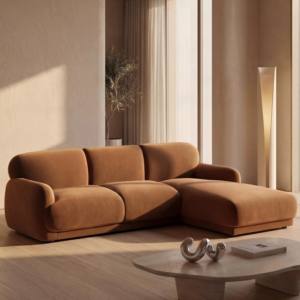 Cloud Right Hand 3 Seater Chaise Sofa - Caramel Brown Sustainable Mohair Velvet — image 2