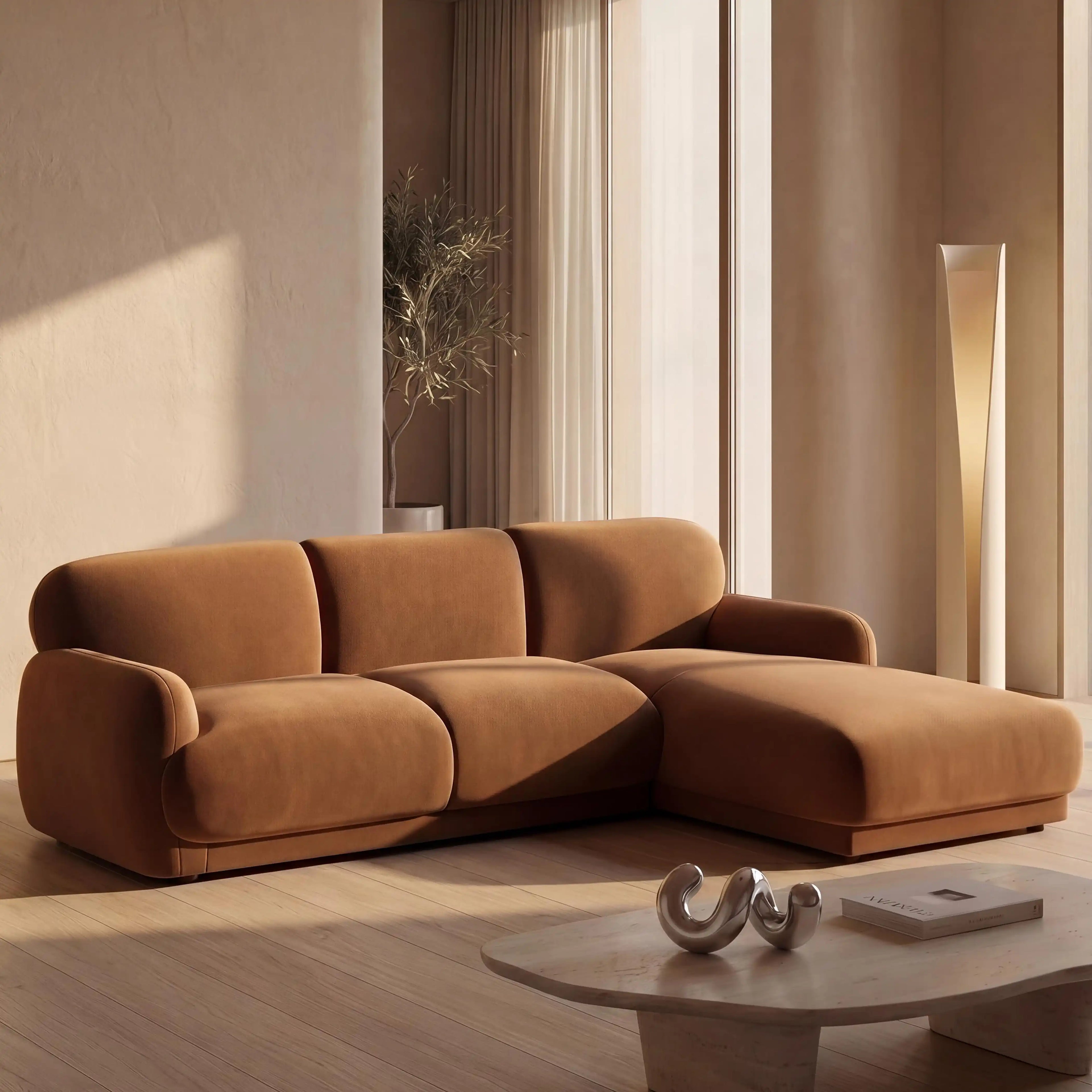 Cloud Right Hand 3 Seater Chaise Sofa - Caramel Brown Sustainable Mohair Velvet — image 2