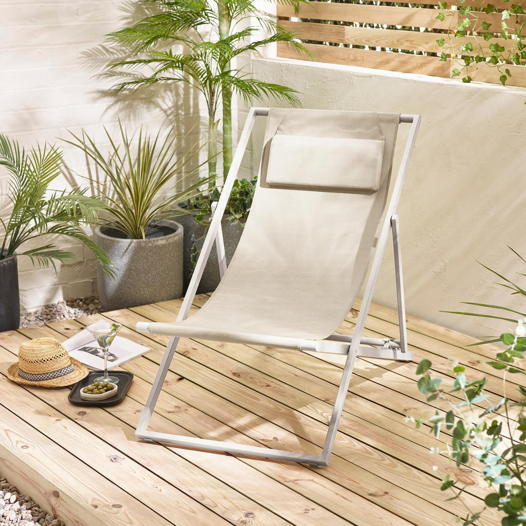 2x Corsica Cream Metal & Textilene Deck Chairs — image 8