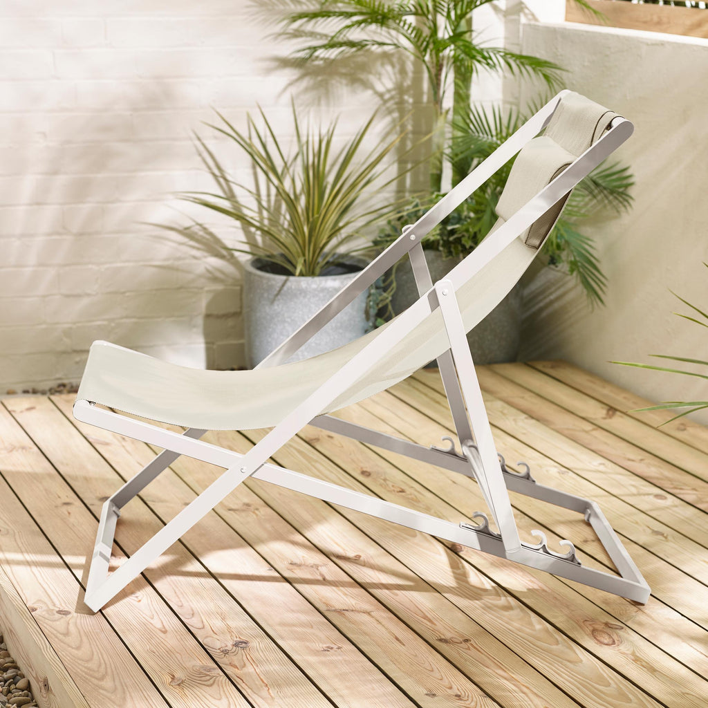 2x Corsica Cream Metal & Textilene Deck Chairs — image 9