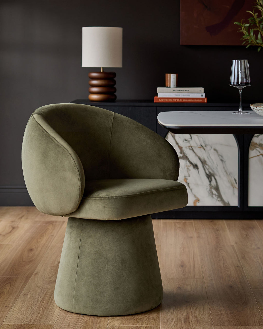 Darcy olive green velvet swivel chair — image 1