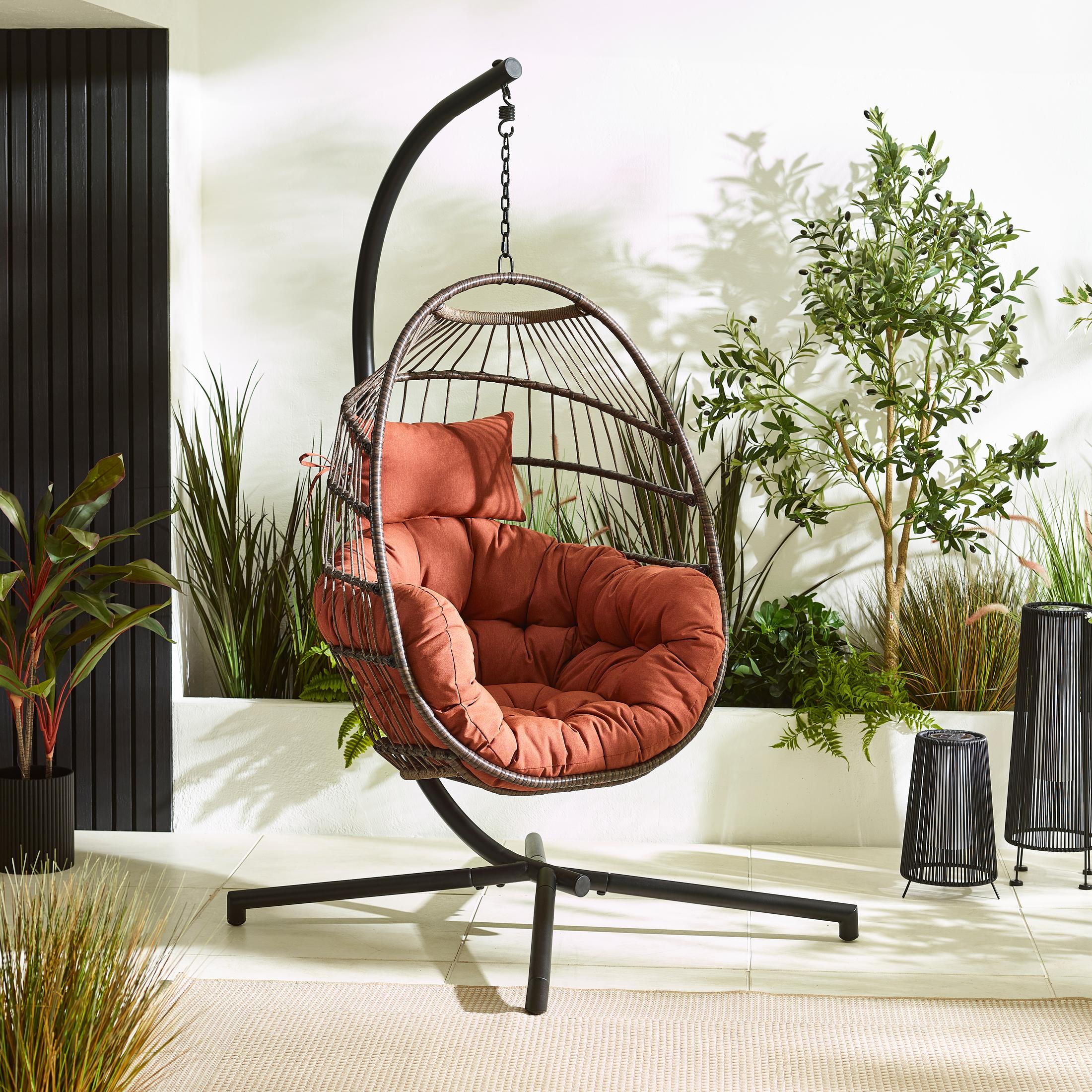 Brown Rattan & Orange Garden Hanging Egg Chair Seat — image 1