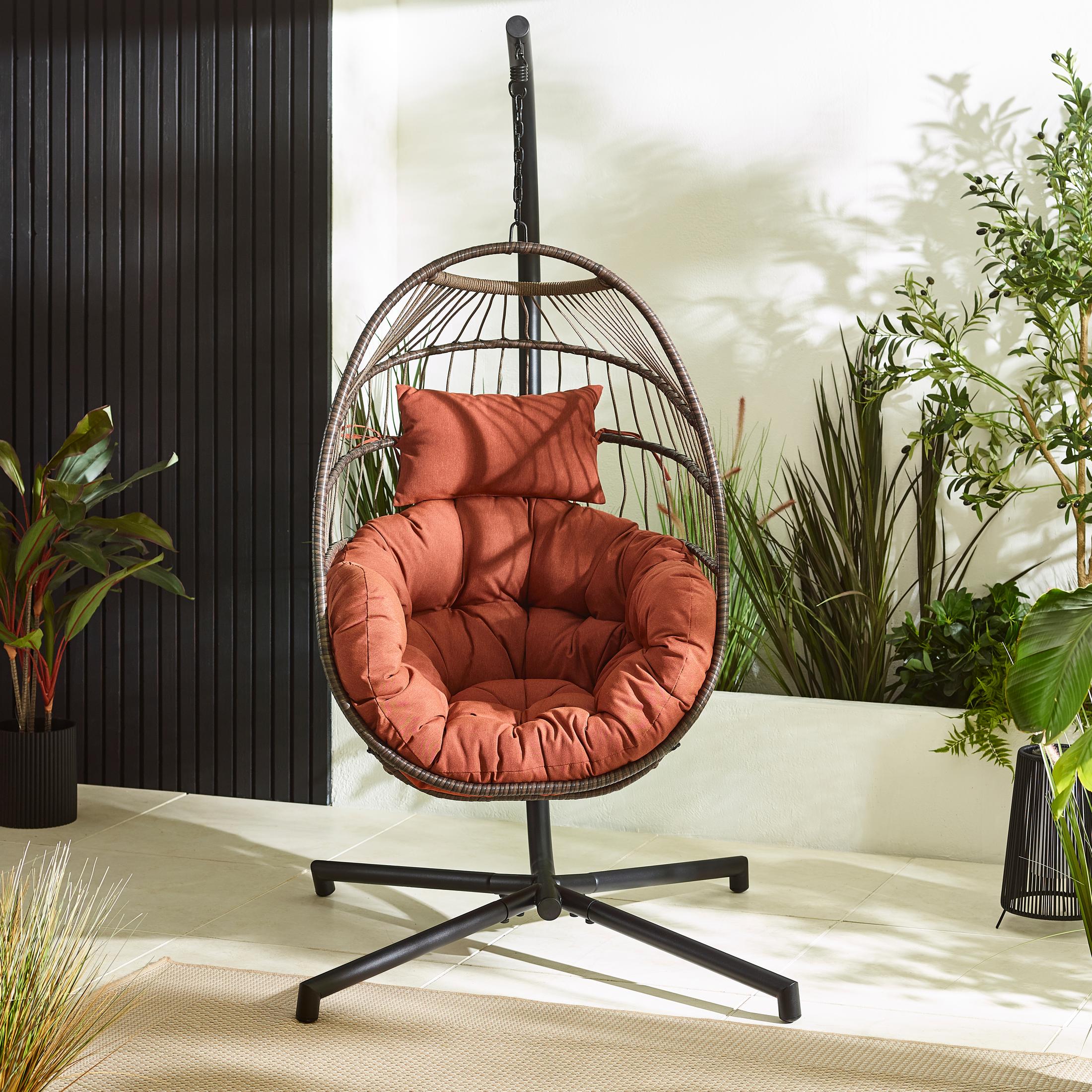 Brown Rattan & Orange Garden Hanging Egg Chair Seat — image 2