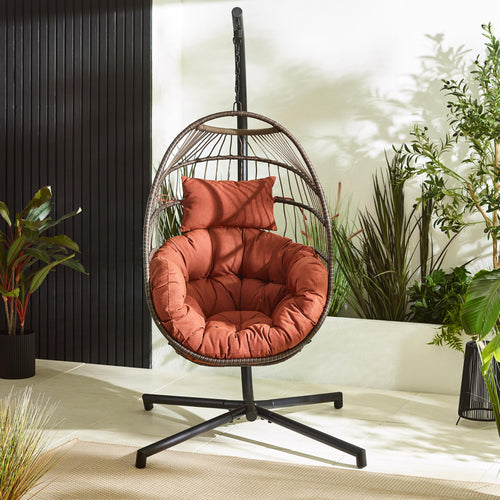 Brown Rattan & Orange Garden Hanging Egg Chair Seat — image 2