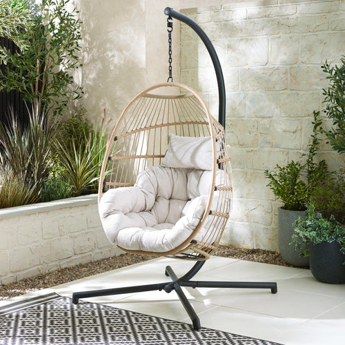 Beige Rattan & Cream Garden Hanging Egg Chair Seat — image 1