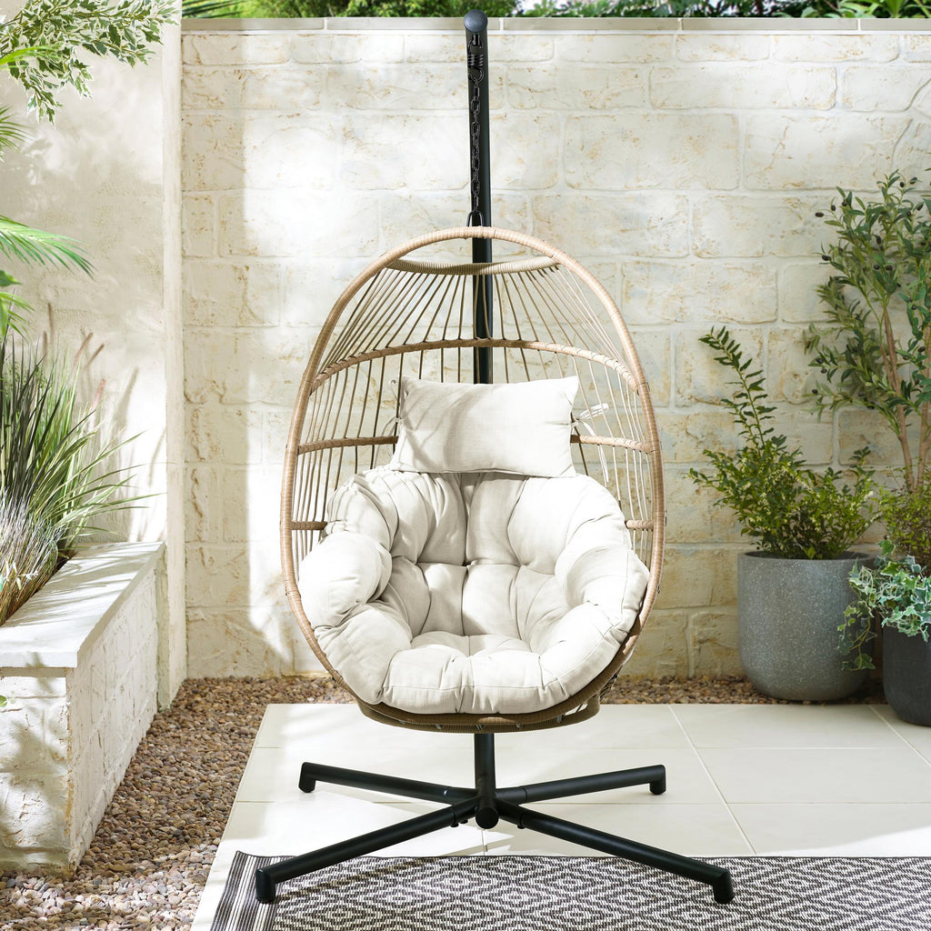 Beige Rattan & Cream Garden Hanging Egg Chair Seat — image 2
