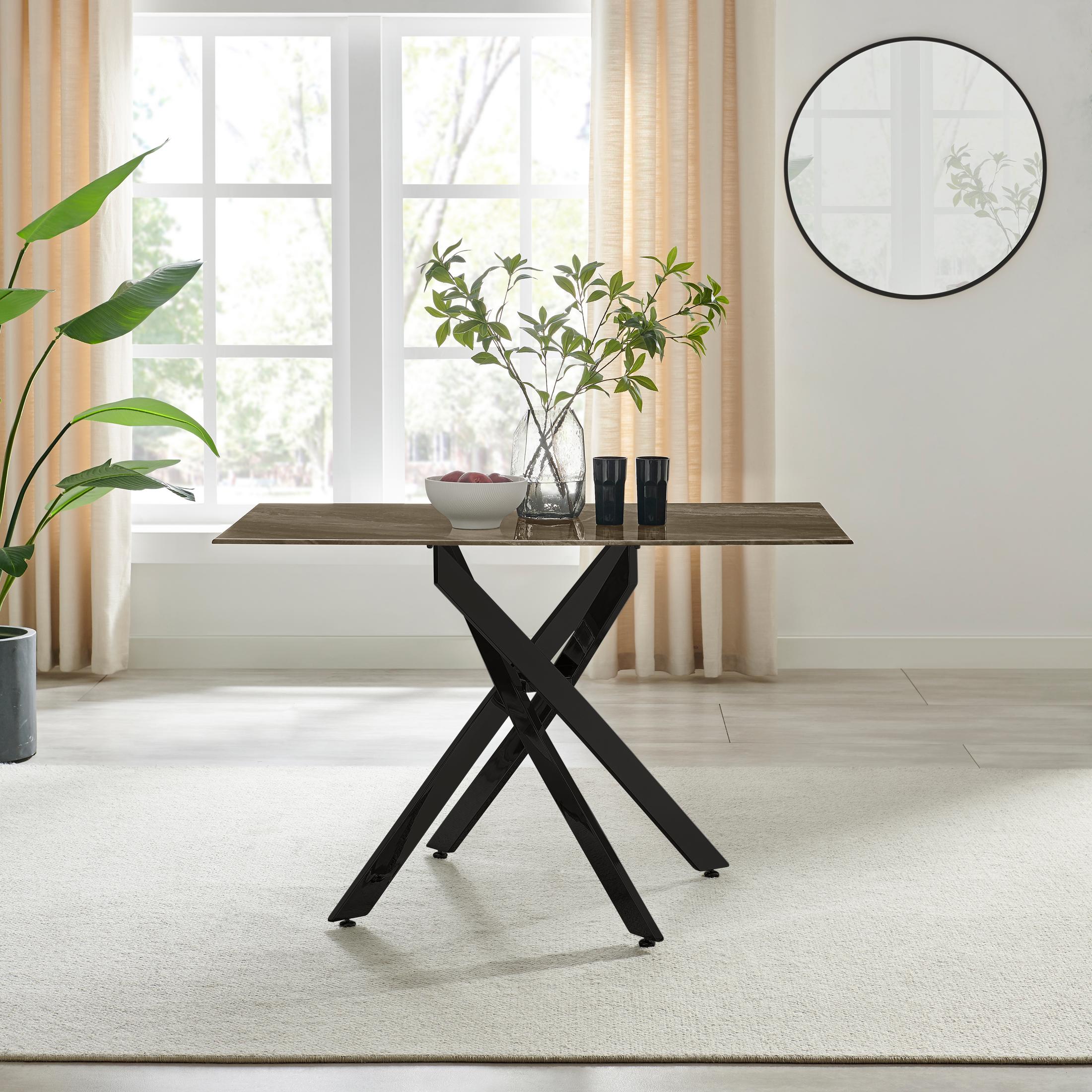 Leonardo Rectangle Brown/Grey Marble Glass & Black Metal 4 Seat Dining Table — image 7