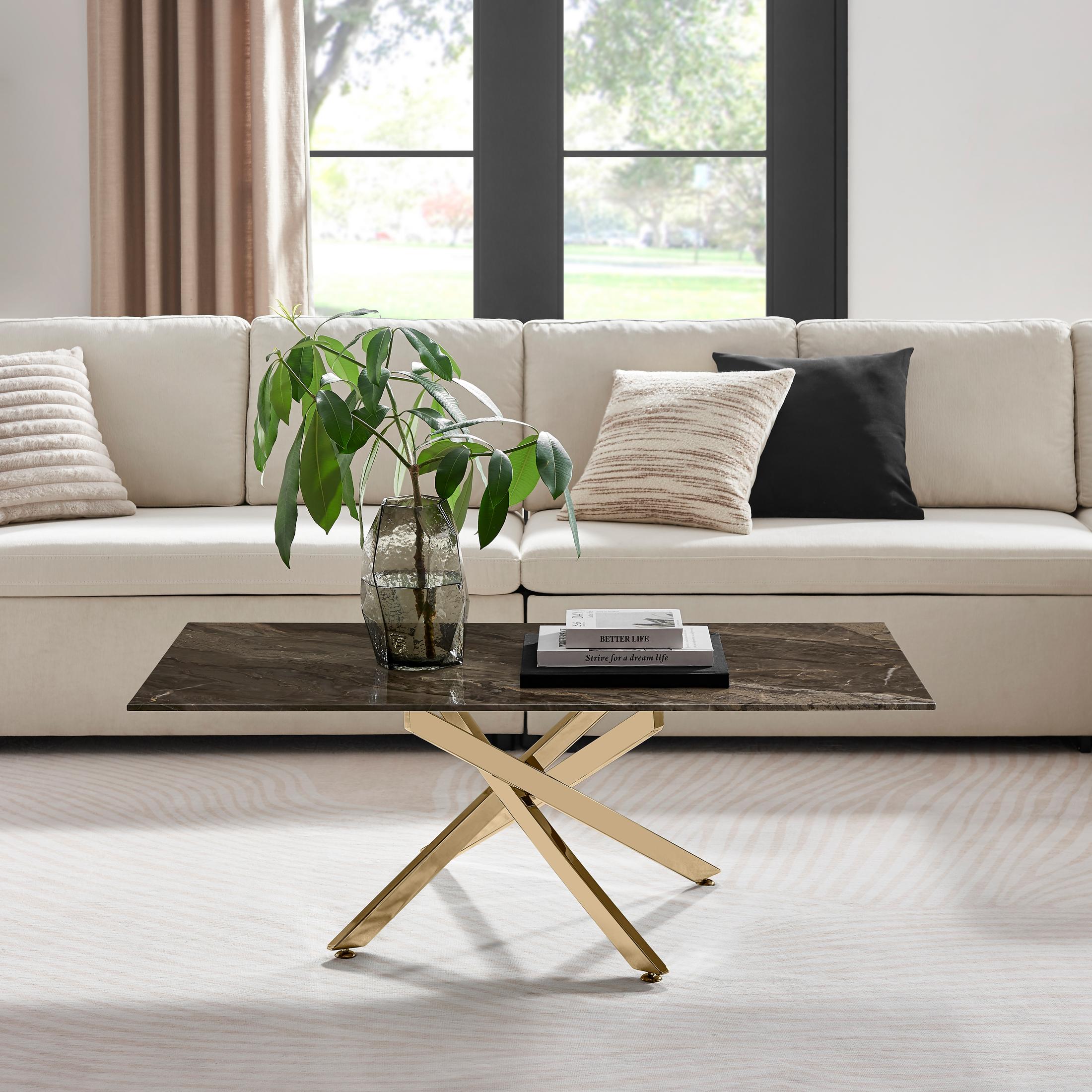 Leonardo Rectangle Brown/Grey Marble Glass & Gold Coffee Table — image 1