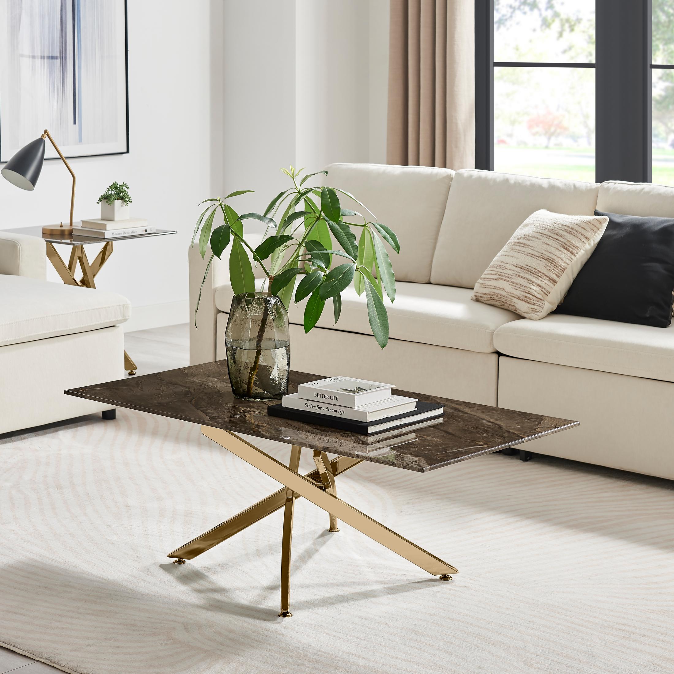 Leonardo Rectangle Brown/Grey Marble Glass & Gold Coffee Table — image 2
