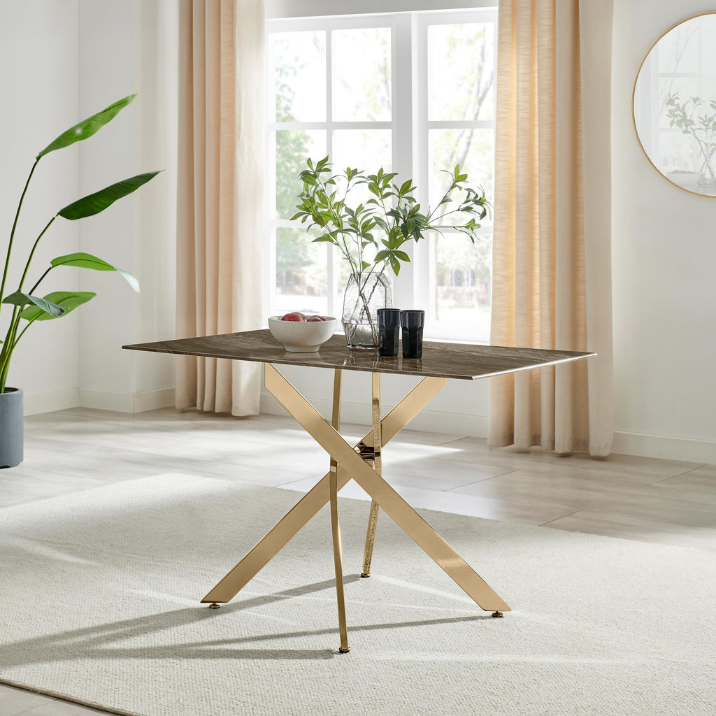 Leonardo Rectangle Brown/Grey Marble Glass and Gold Metal 4 Seat Dining Table — image 2