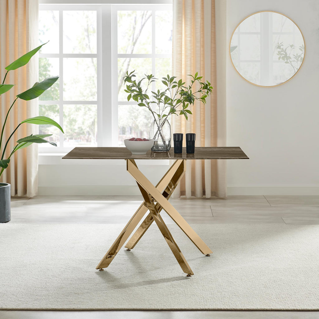 Leonardo Rectangle Brown/Grey Marble Glass and Gold Metal 4 Seat Dining Table — image 7