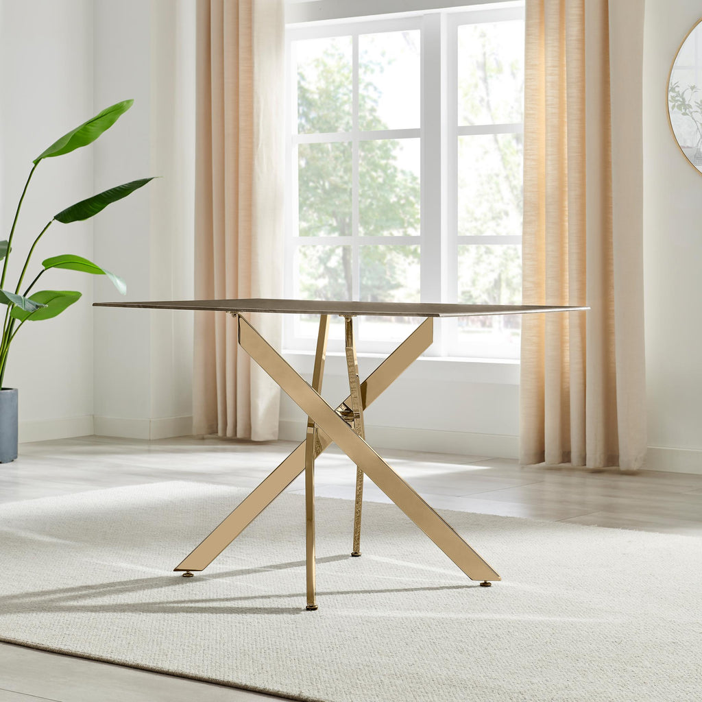 Leonardo Rectangle Brown/Grey Marble Glass and Gold Metal 4 Seat Dining Table — image 9