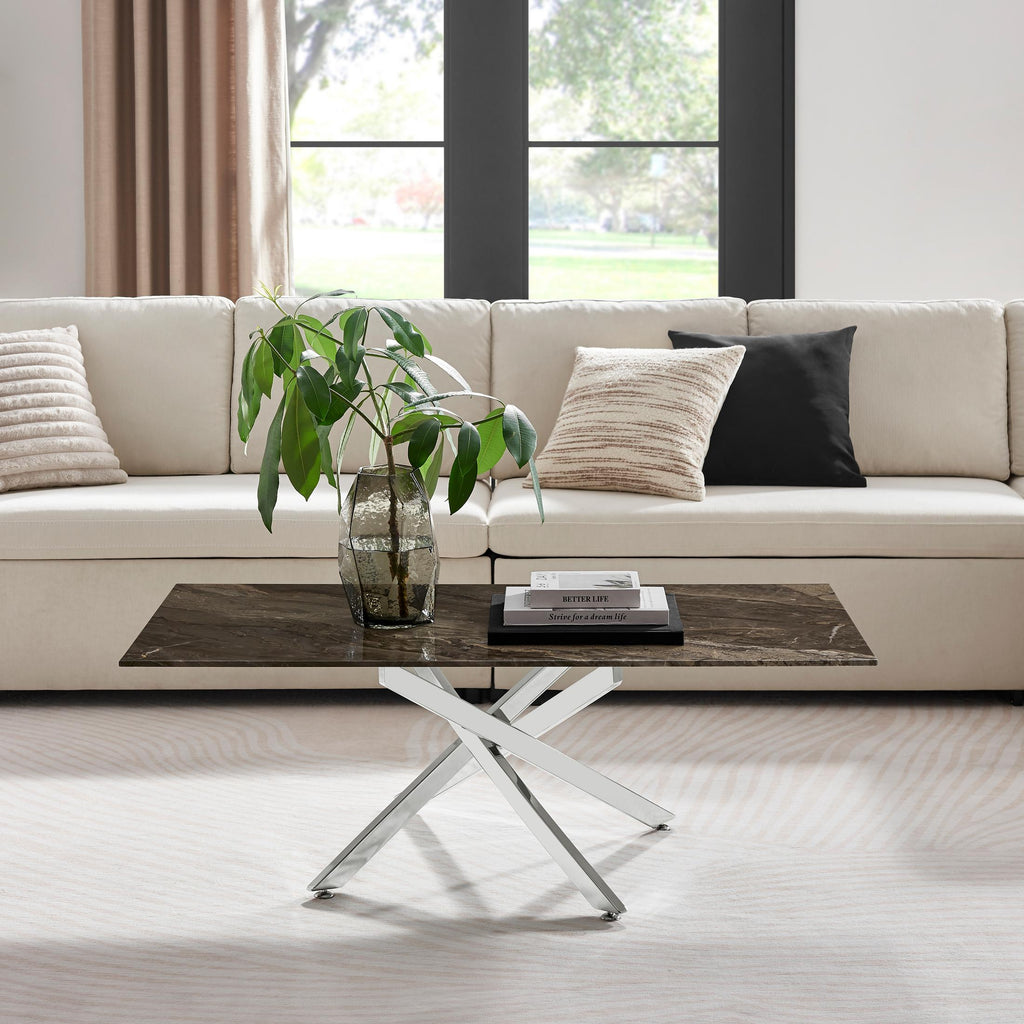 Leonardo Rectangle Brown/Grey Marble Glass & Silver Coffee Table — image 7