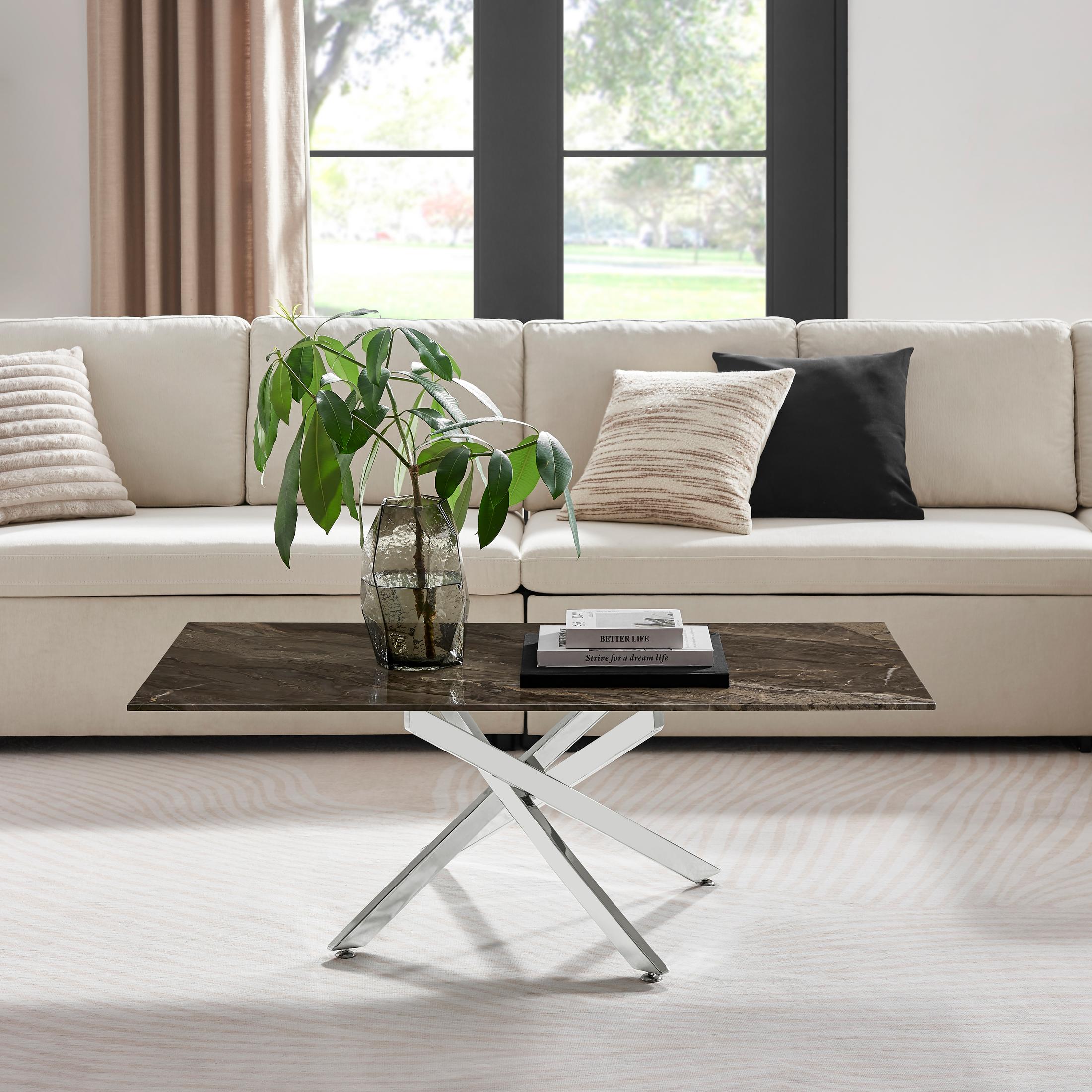 Leonardo Rectangle Brown/Grey Marble Glass & Silver Coffee Table — image 7