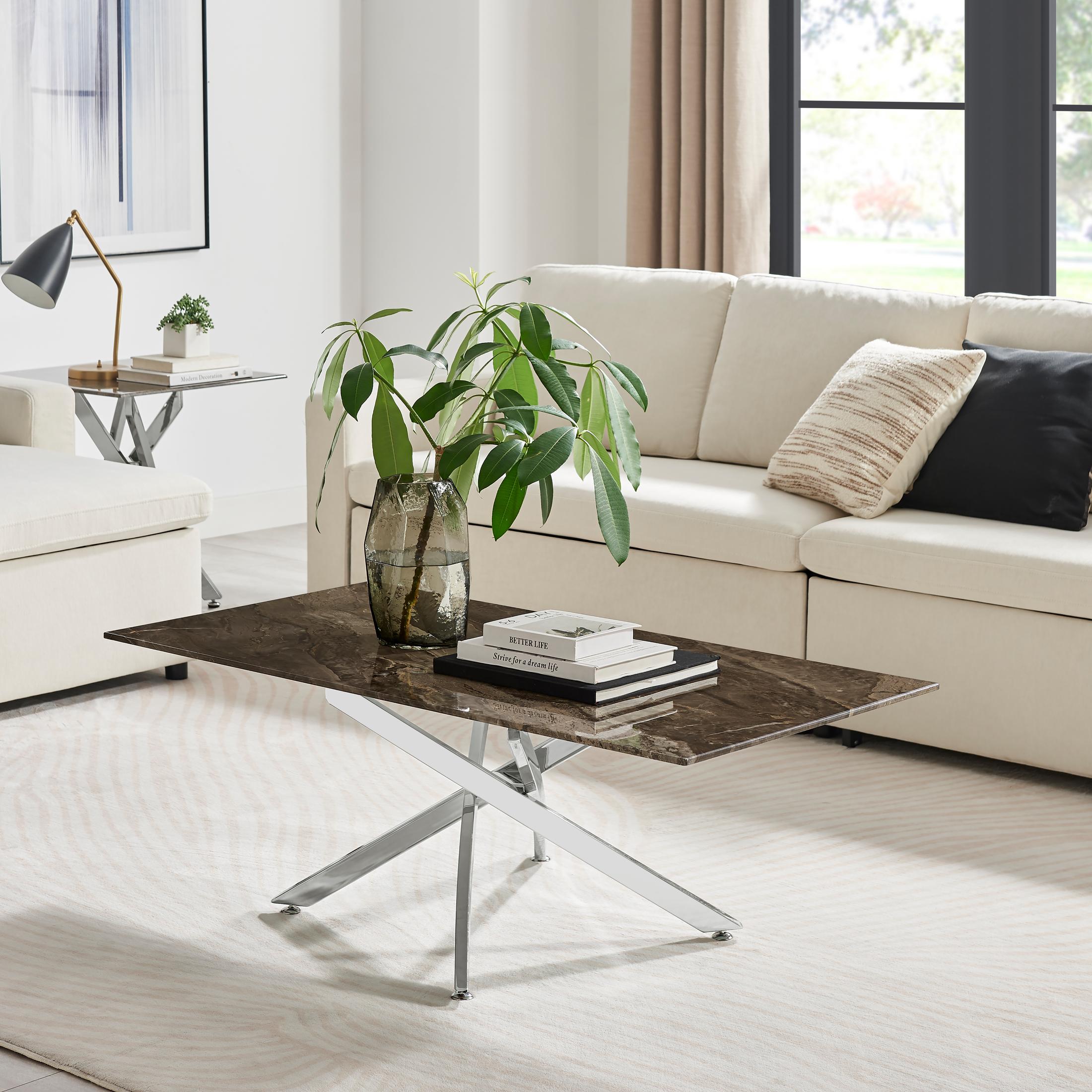 Leonardo Rectangle Brown/Grey Marble Glass & Silver Coffee Table — image 2