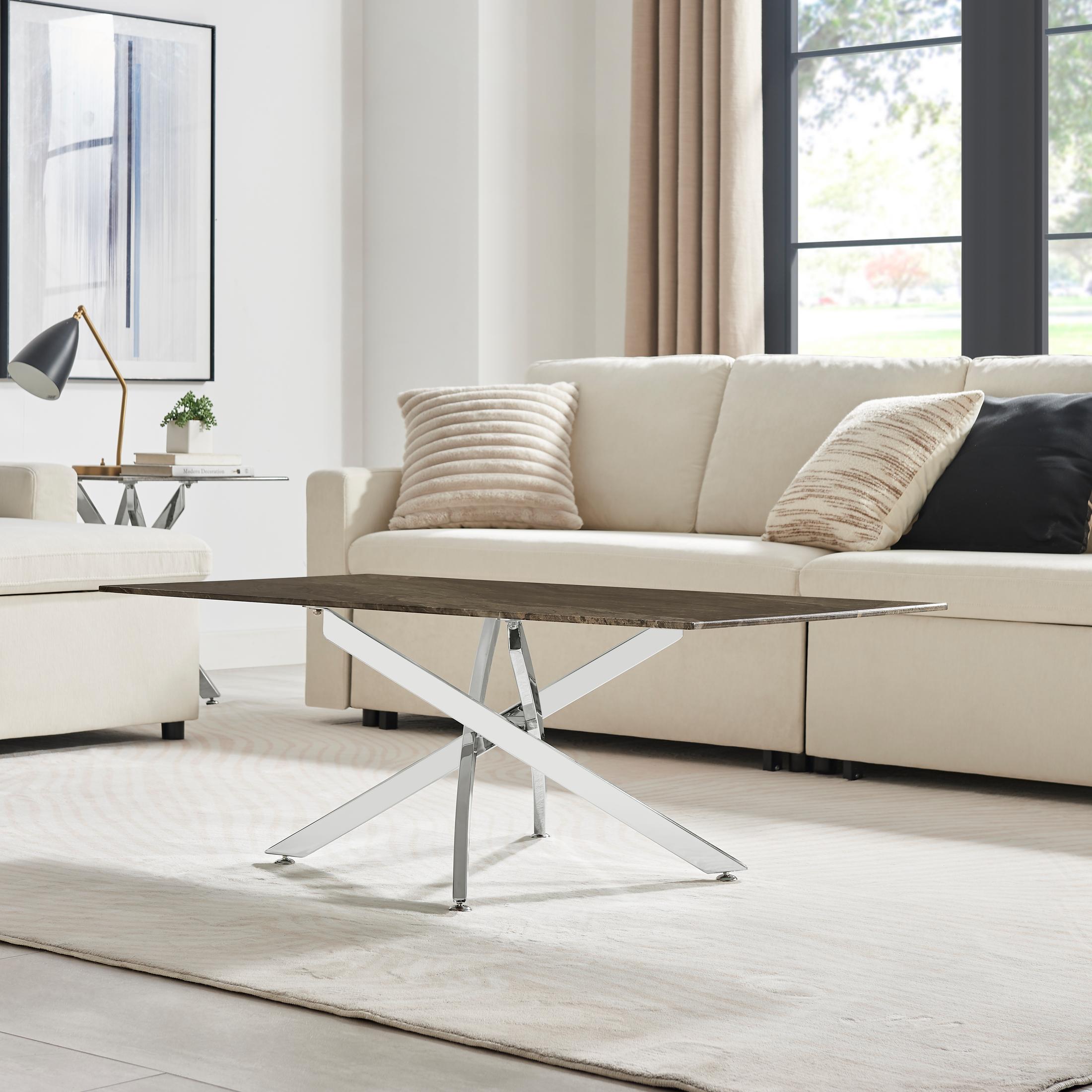 Leonardo Rectangle Brown/Grey Marble Glass & Silver Coffee Table — image 3