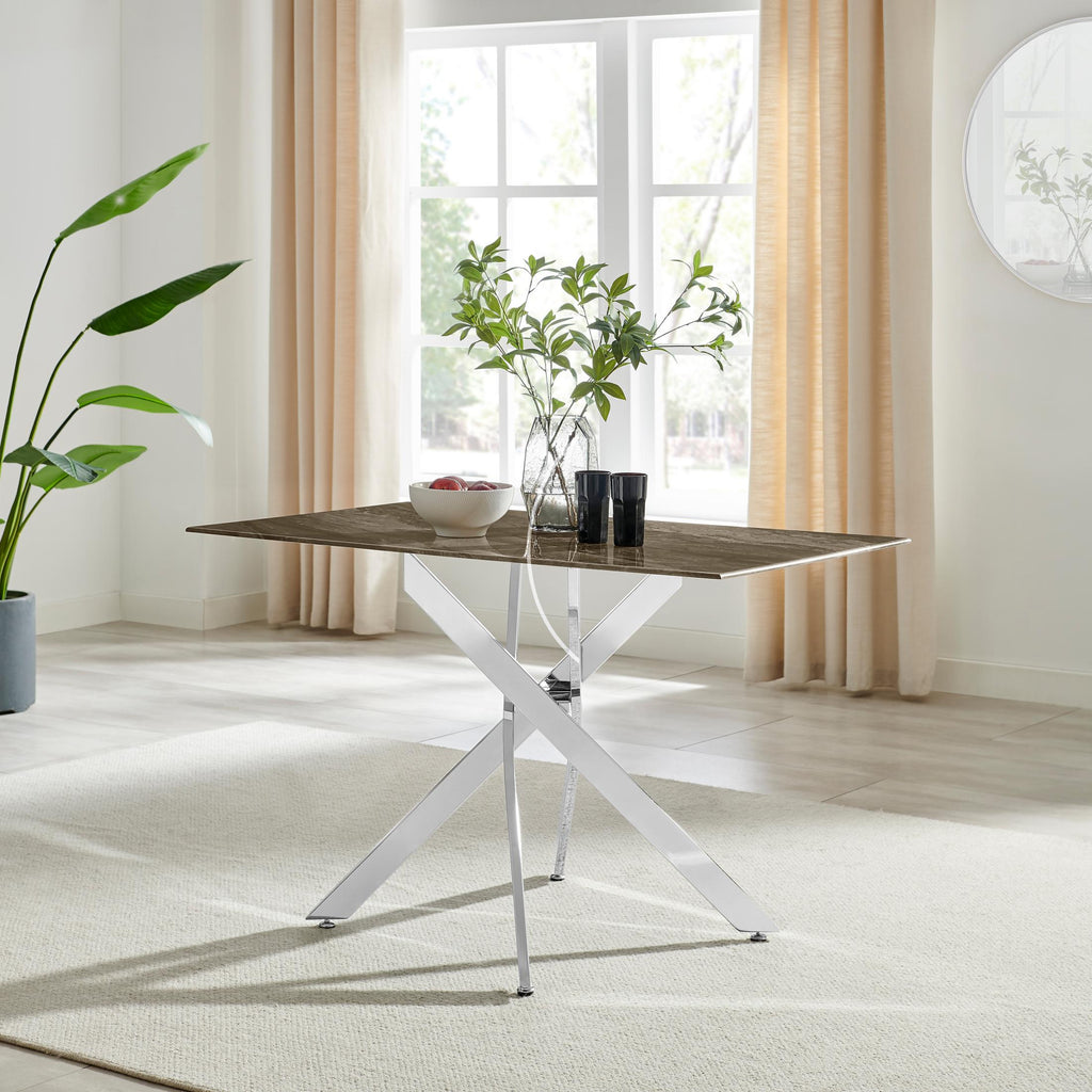 Leonardo Rectangle Brown/Grey Marble Glass & Silver Metal 4 Seat Dining Table — image 8