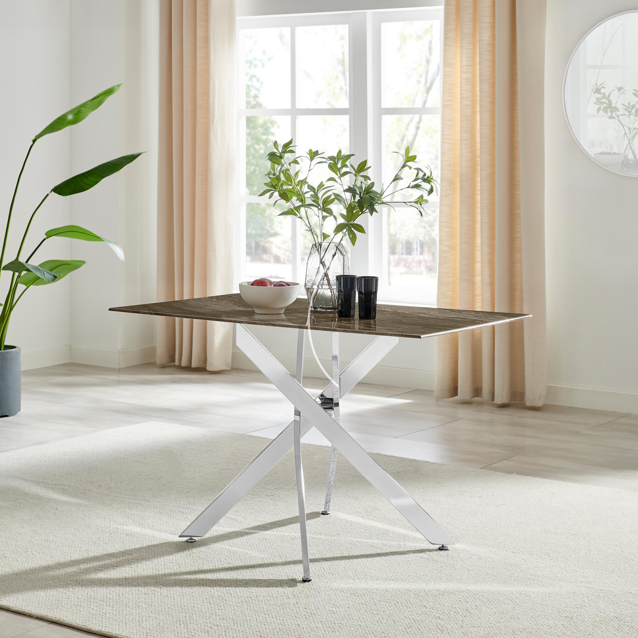 Leonardo Rectangle Brown/Grey Marble Glass & Silver Metal 4 Seat Dining Table — image 8