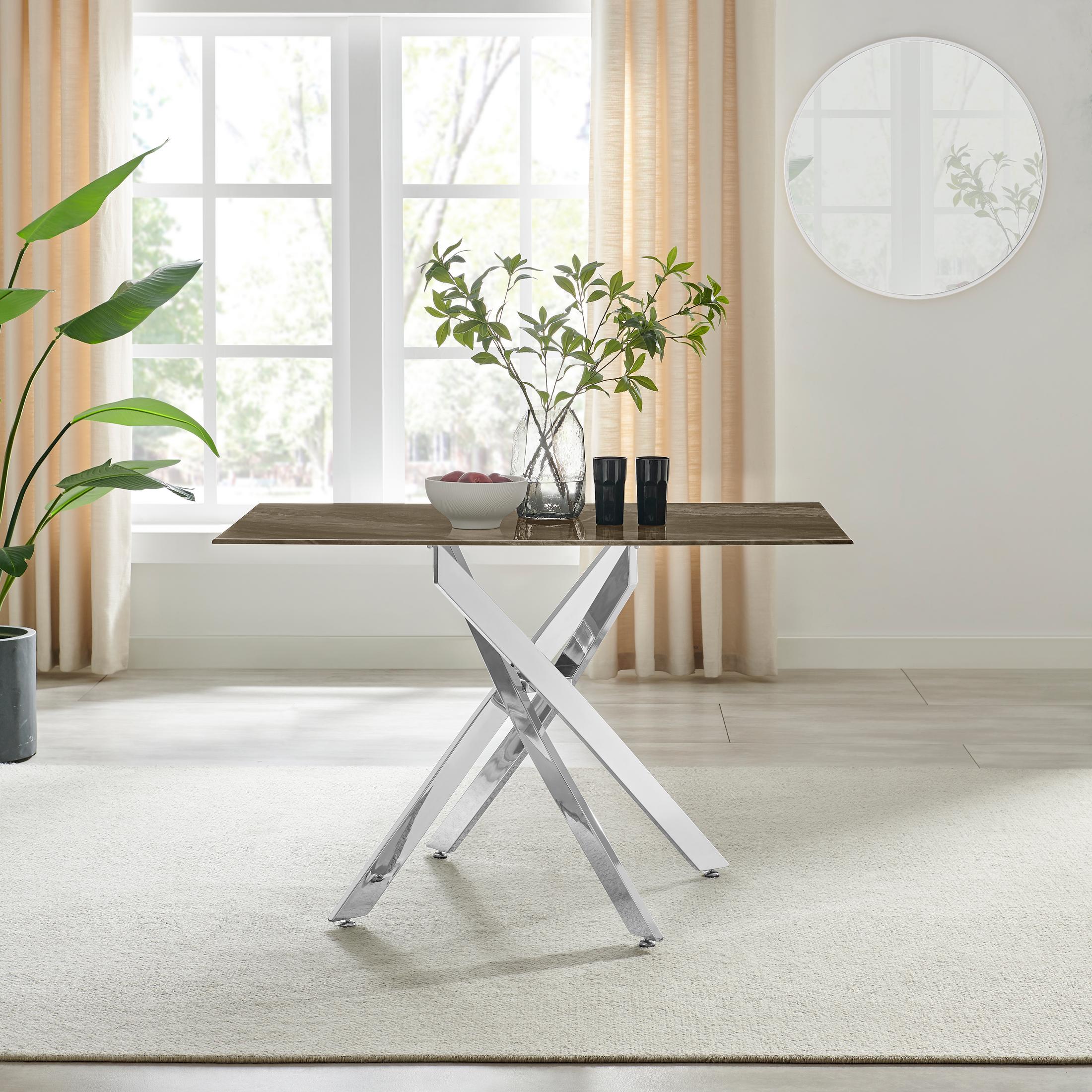 Leonardo Rectangle Brown/Grey Marble Glass & Silver Metal 4 Seat Dining Table — image 7