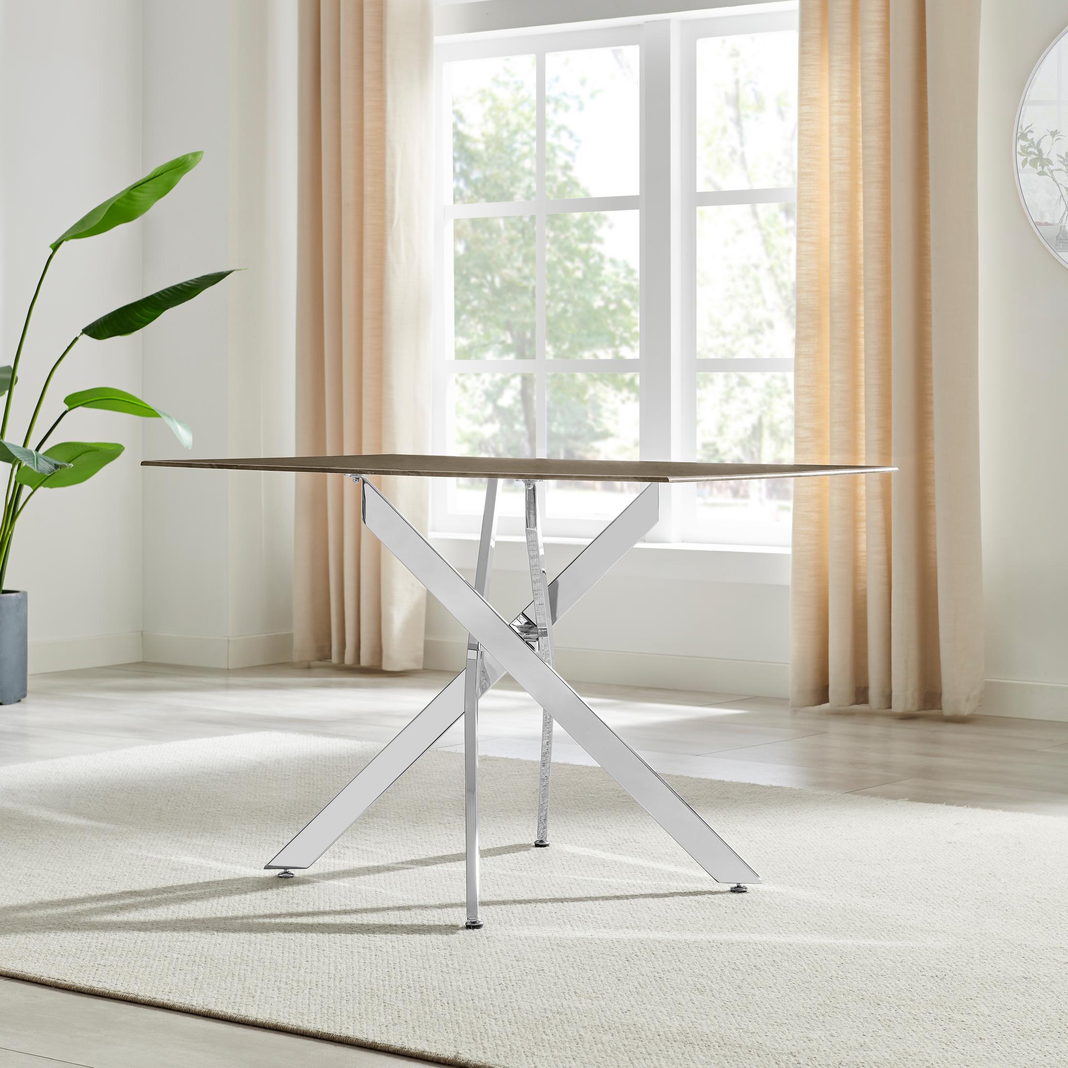Leonardo Rectangle Brown/Grey Marble Glass & Silver Metal 4 Seat Dining Table — image 3