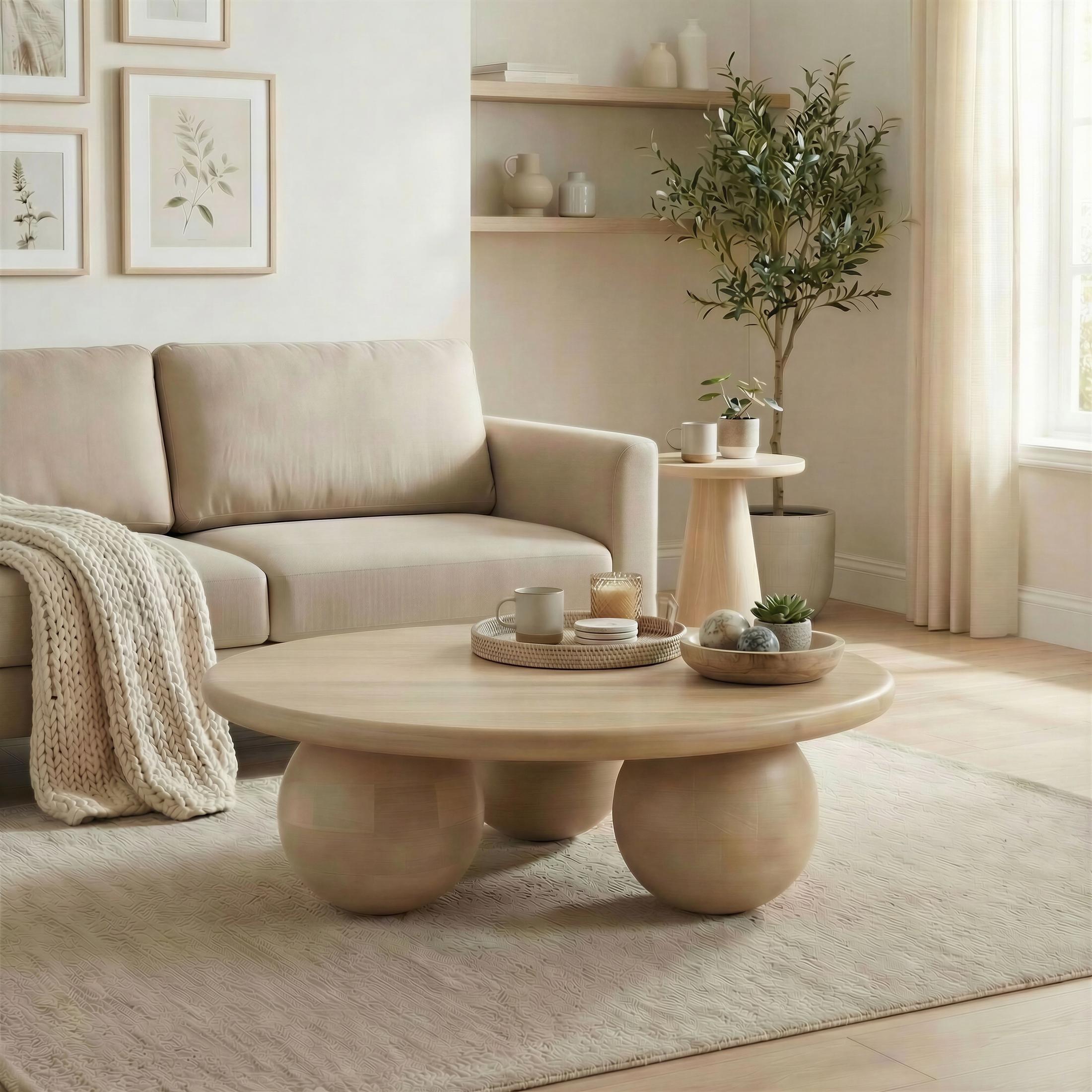 Olympus Round White Oak Wood Sphere Leg Coffee Table — image 6