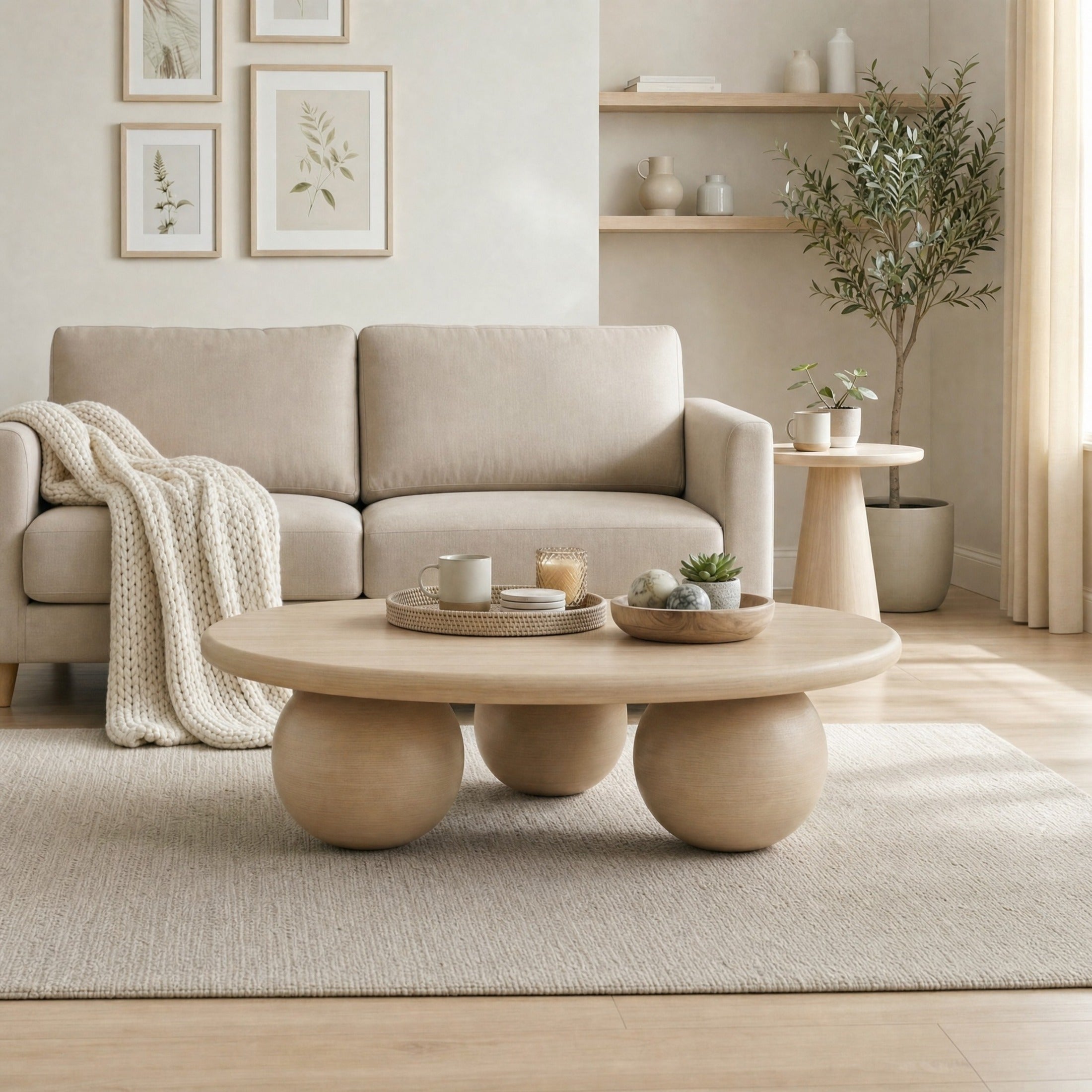 Olympus Round White Oak Wood Sphere Leg Coffee Table — image 7