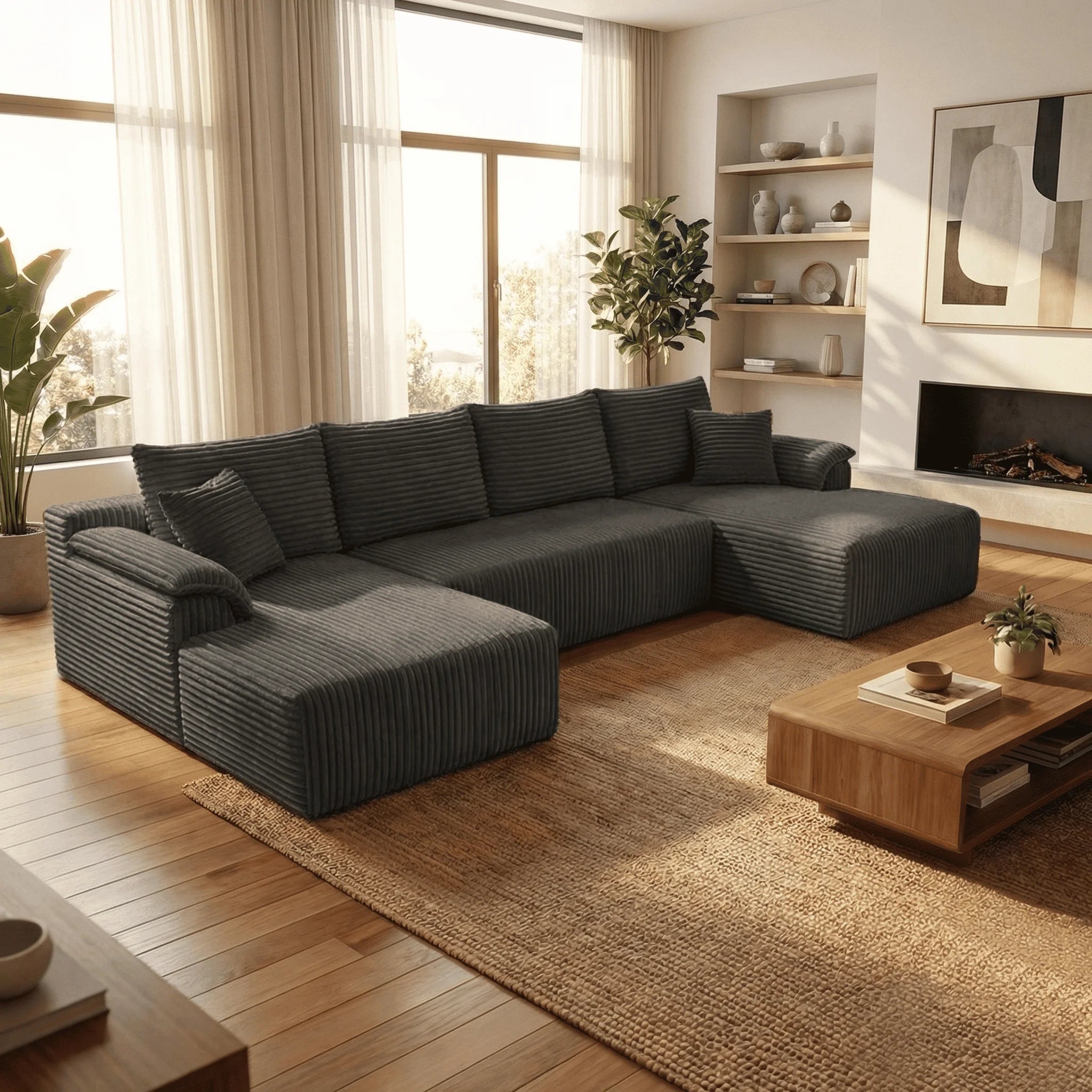 132" U-shaped modular canvas sofa - Modern living room design - Comfortable - No assembly required - Frameless combination sofa