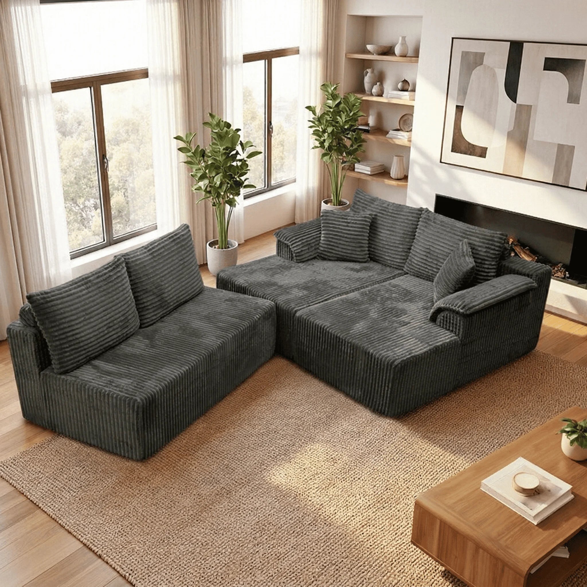 132" U-shaped modular canvas sofa - Modern living room design - Comfortable - No assembly required - Frameless combination sofa