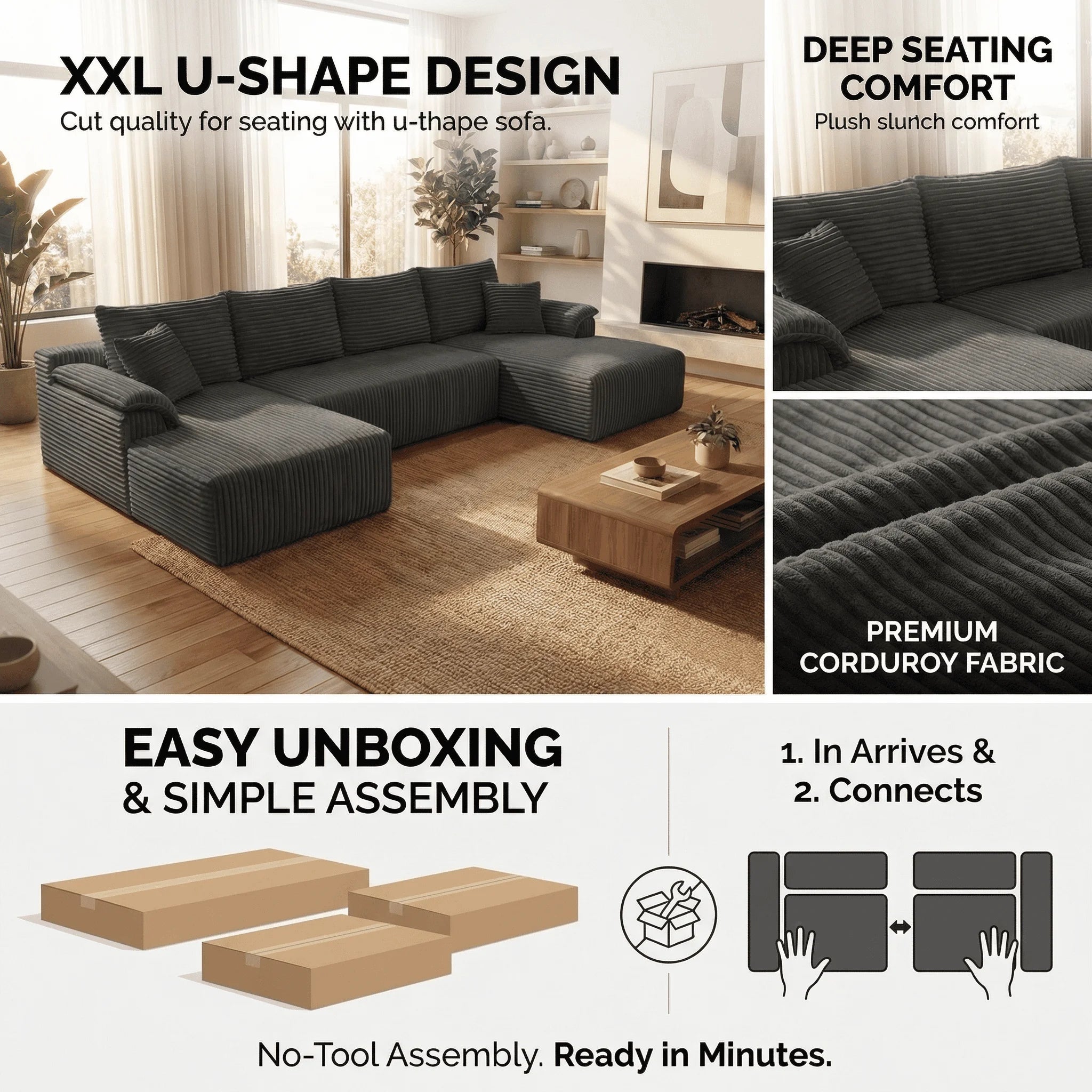 132" U-shaped modular canvas sofa - Modern living room design - Comfortable - No assembly required - Frameless combination sofa