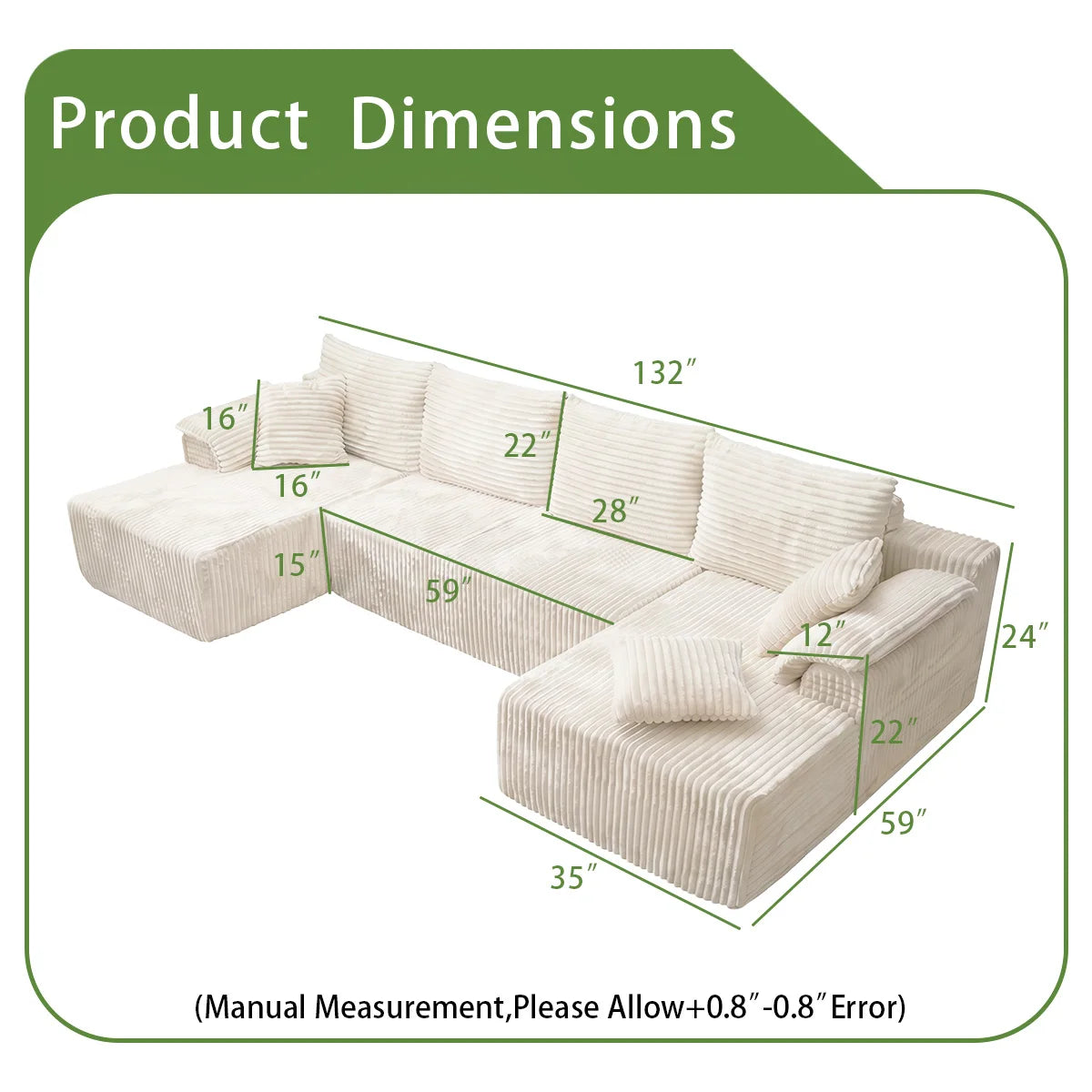 132" U-shaped modular canvas sofa - Modern living room design - Comfortable - No assembly required - Frameless combination sofa