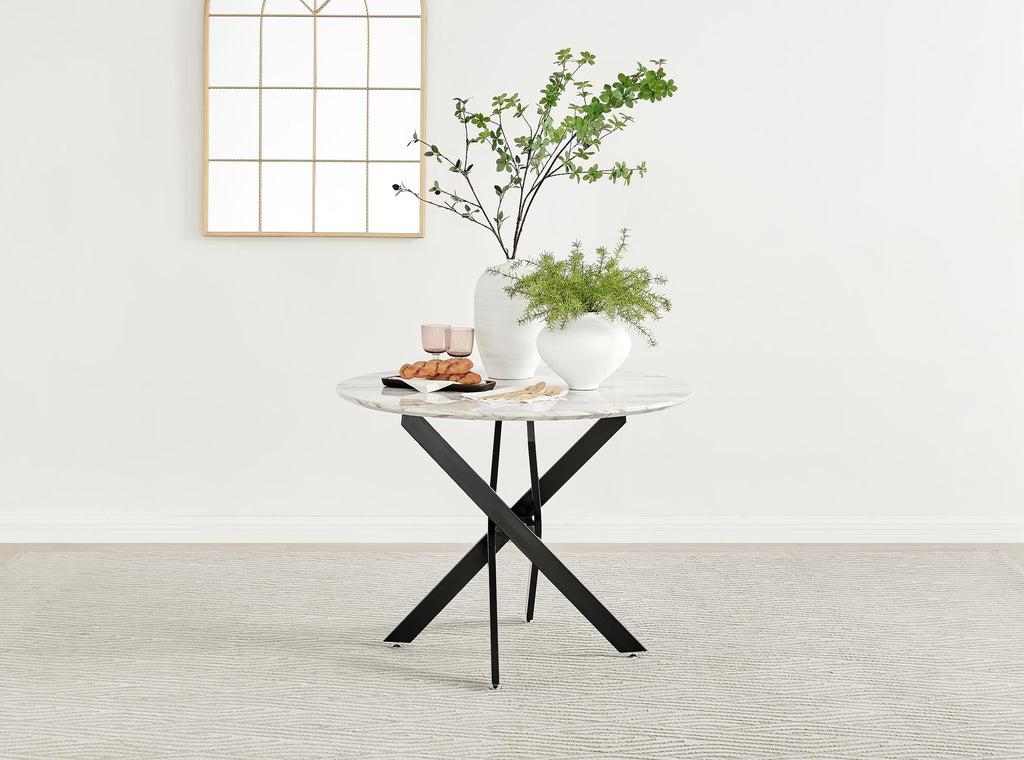 Novara Round White Marble Effect and Black Metal 4 Seater Dining Table — image 2